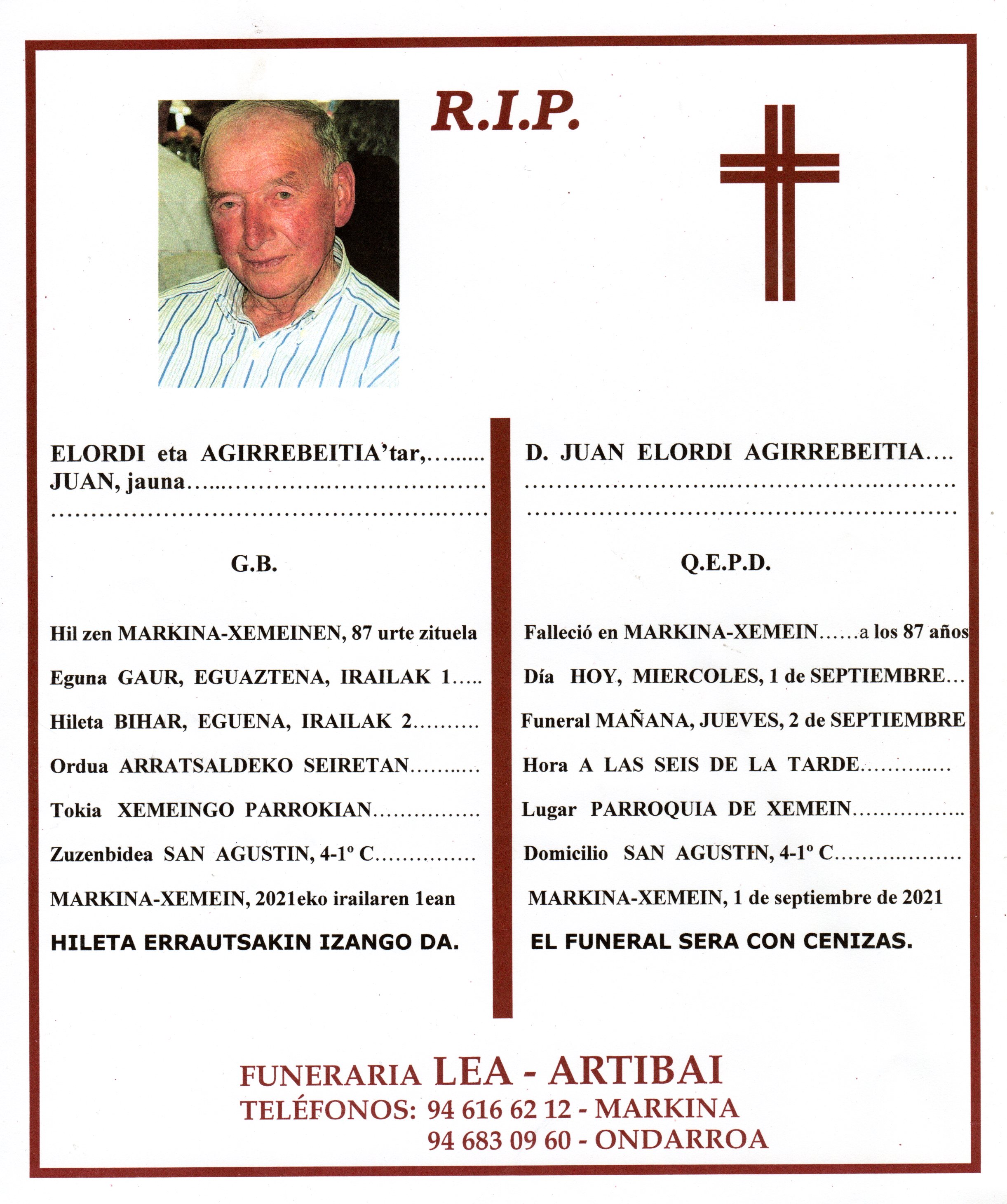 Esquela de Juan Elordi Agirrebeitia