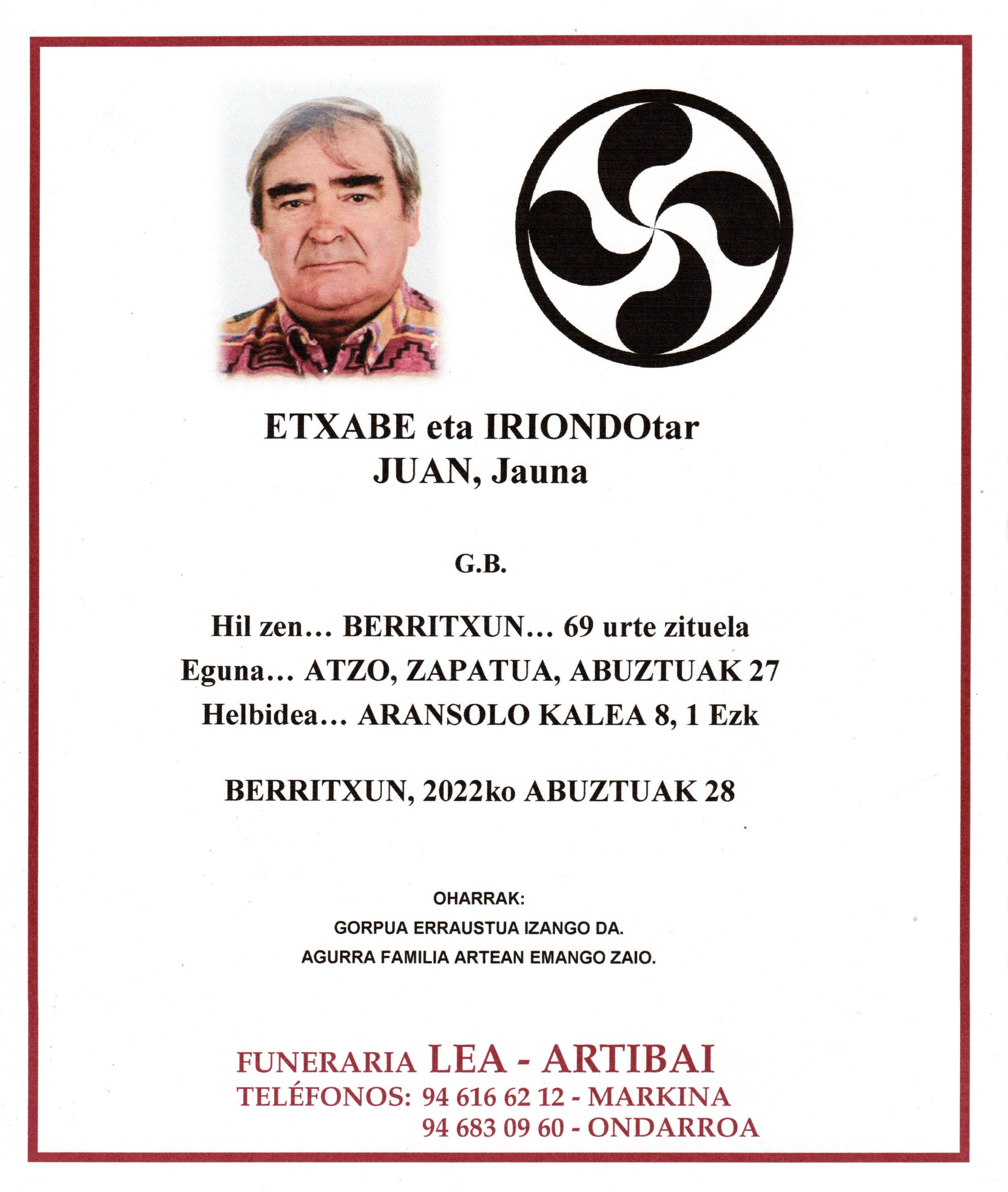 Esquela de Juan Etxabe Iriondo