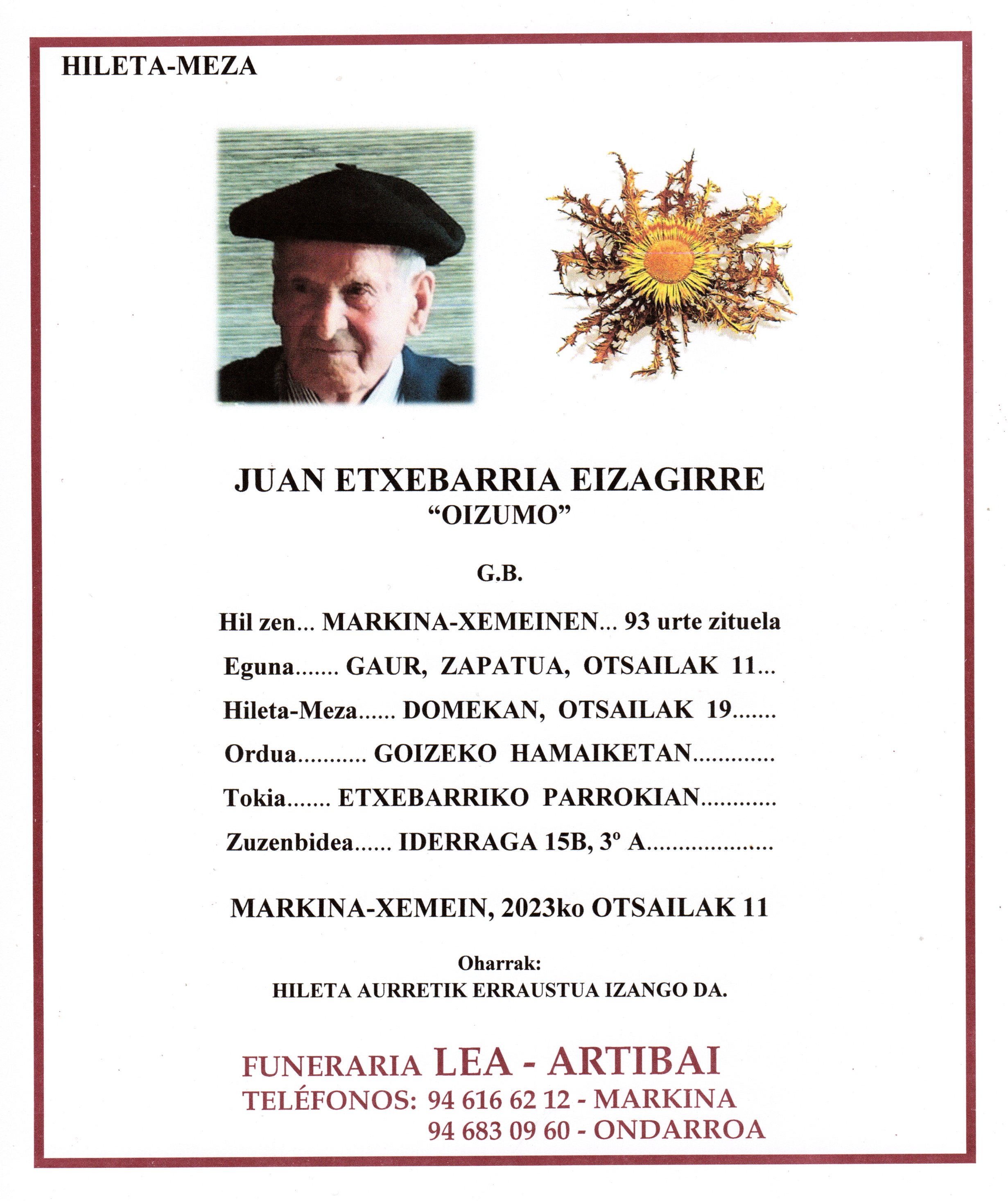 Esquela de Juan Etxebarria Eizagirre