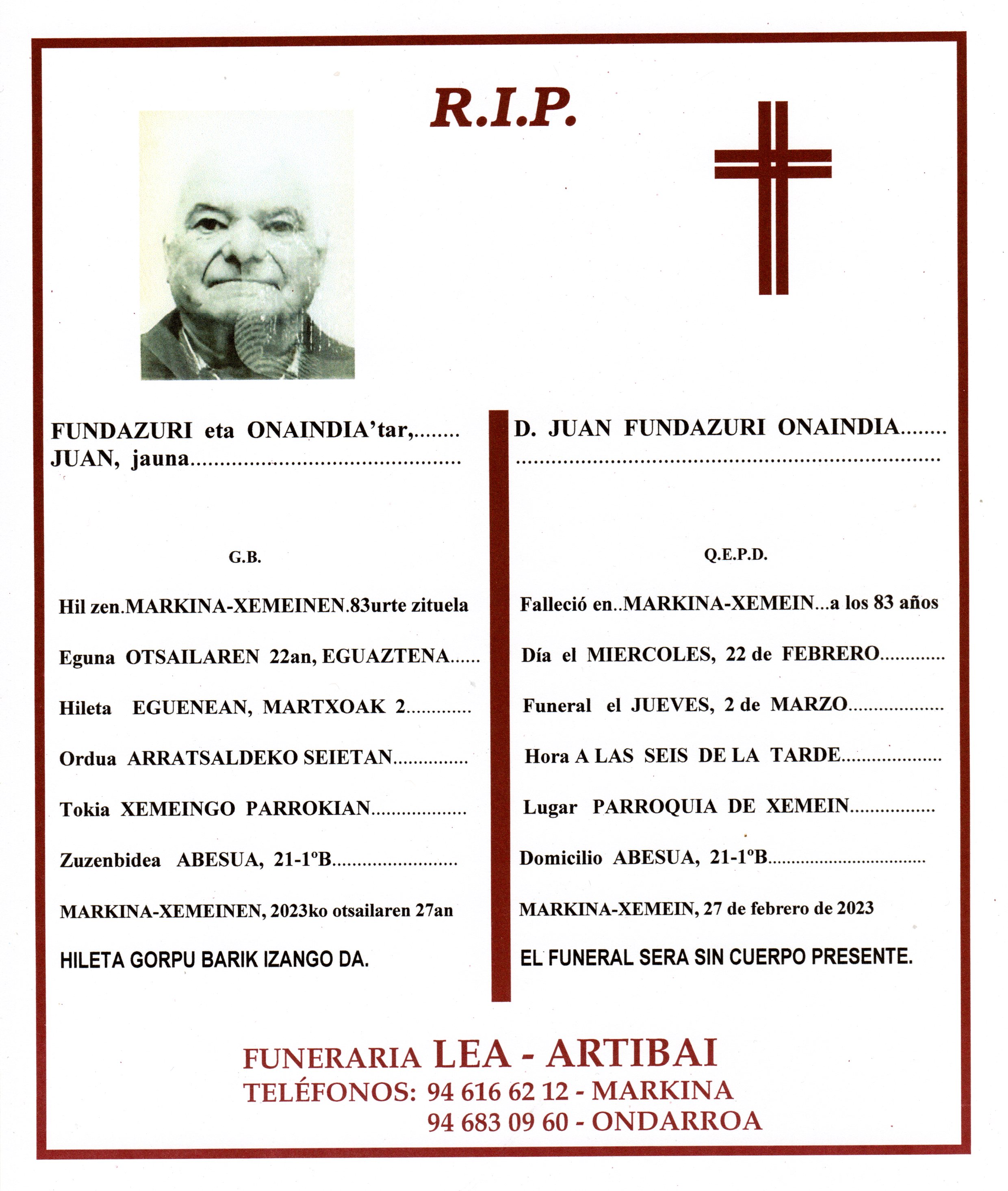 Esquela de Juan Fundazuri Onaindia