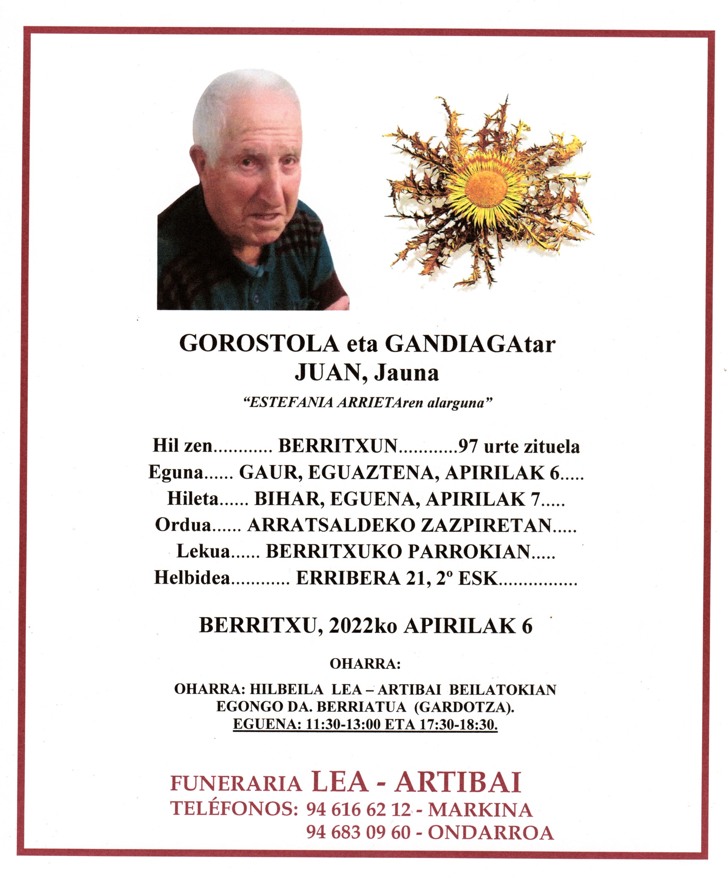 Esquela de Juan Gorostola Gandiaga