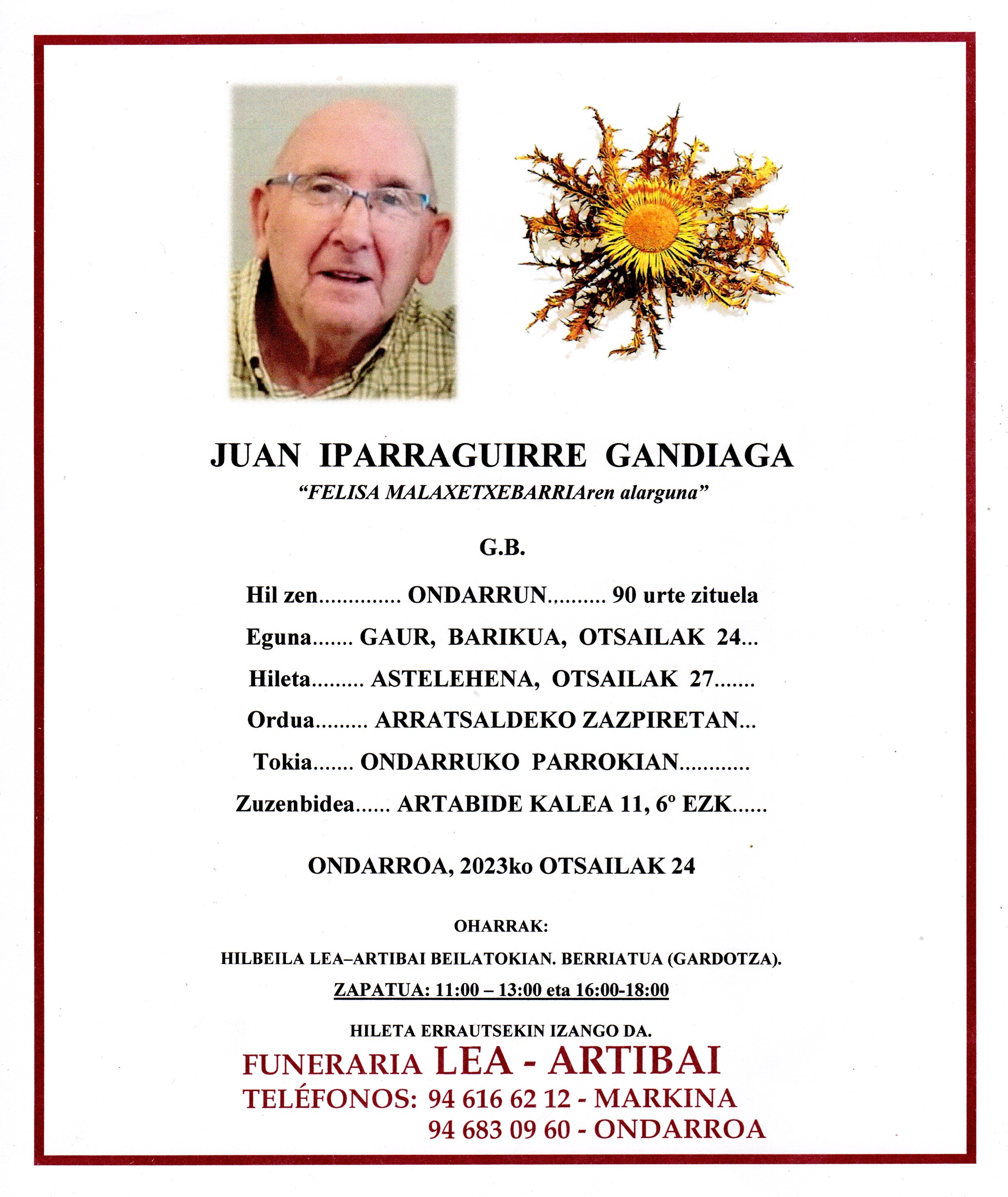 Esquela de Juan Iparragirre Gandiaga