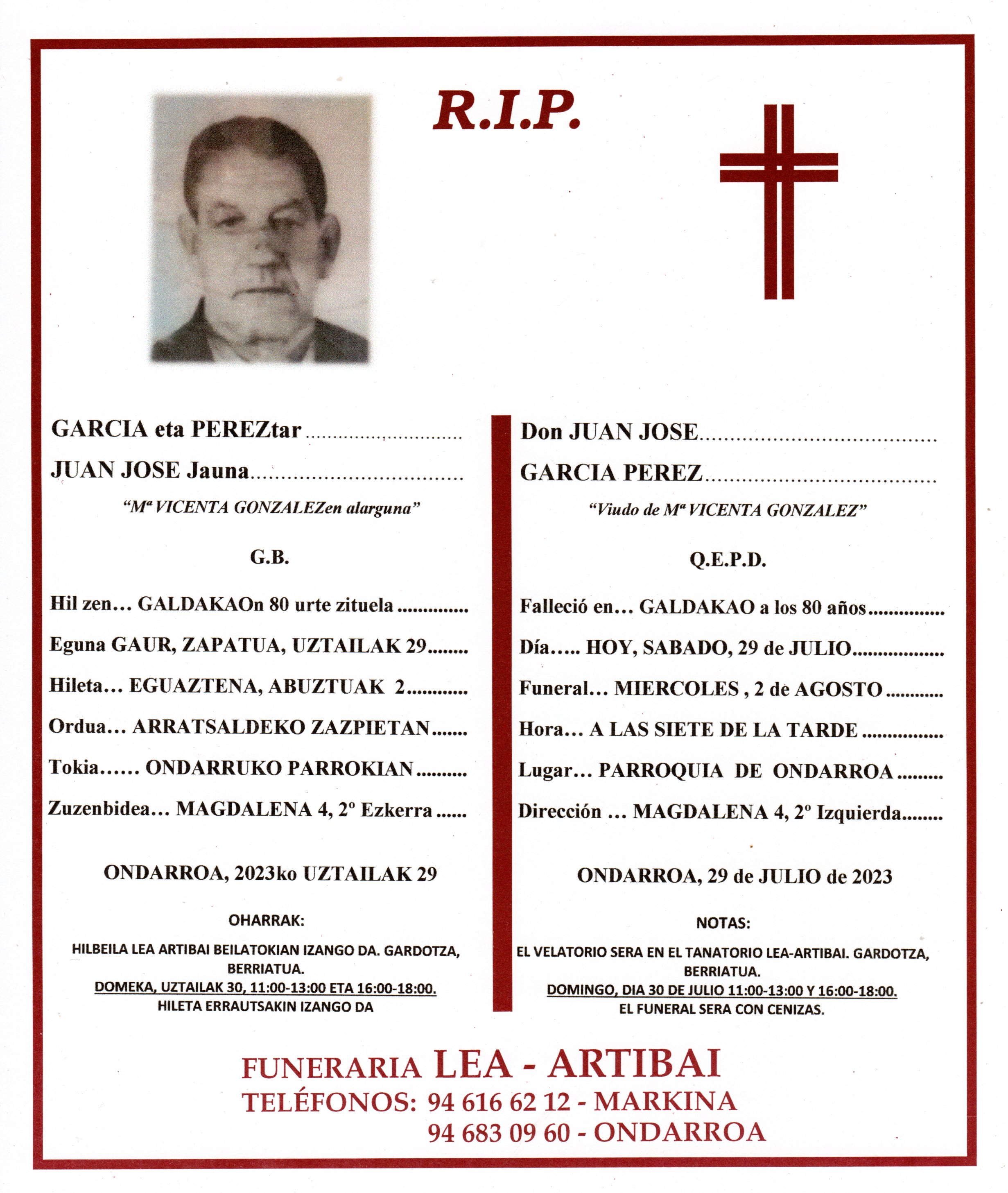 Esquela de Juan Jose Garcia Perez