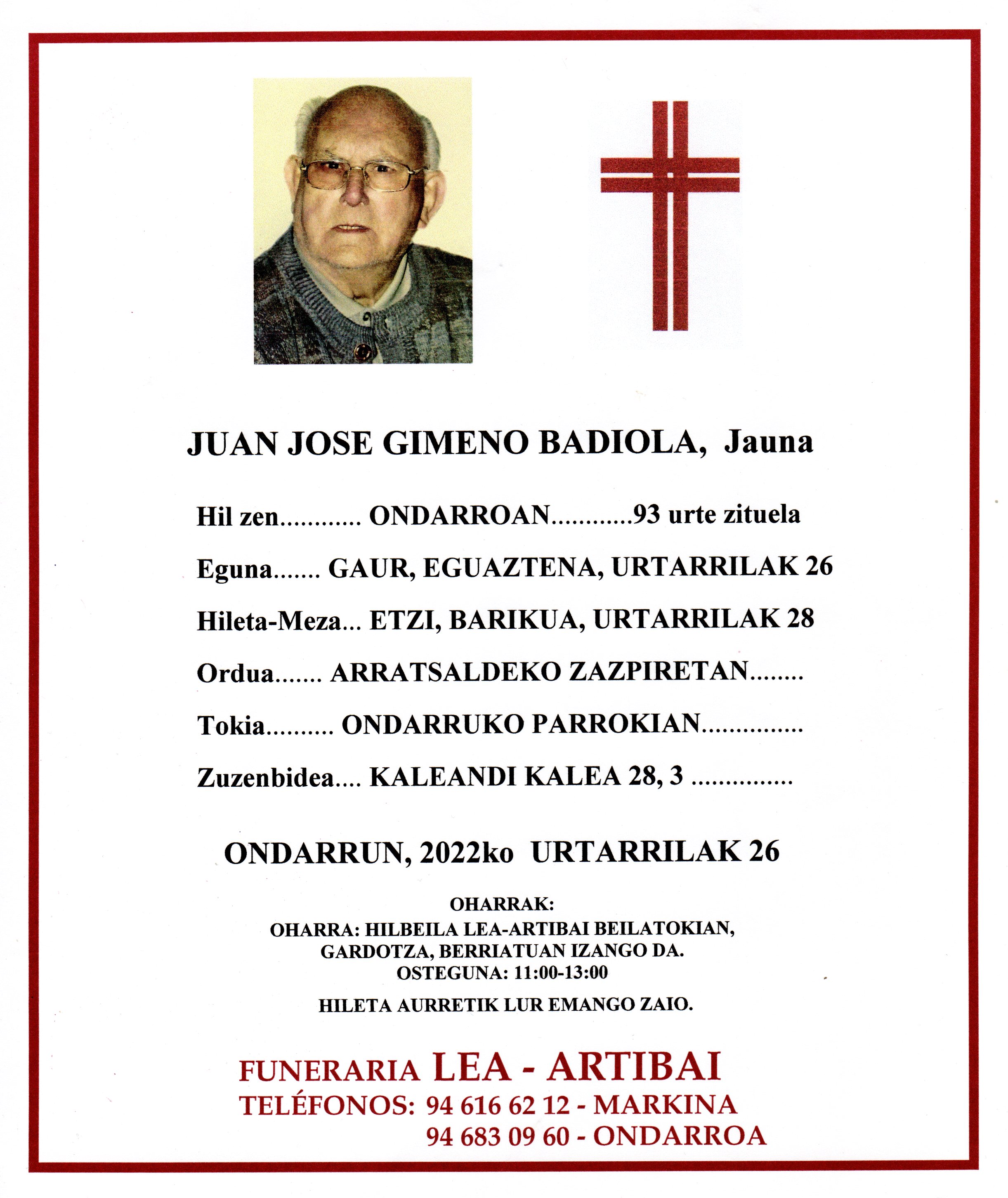 Esquela de Juan Jose Gimeno Badiola