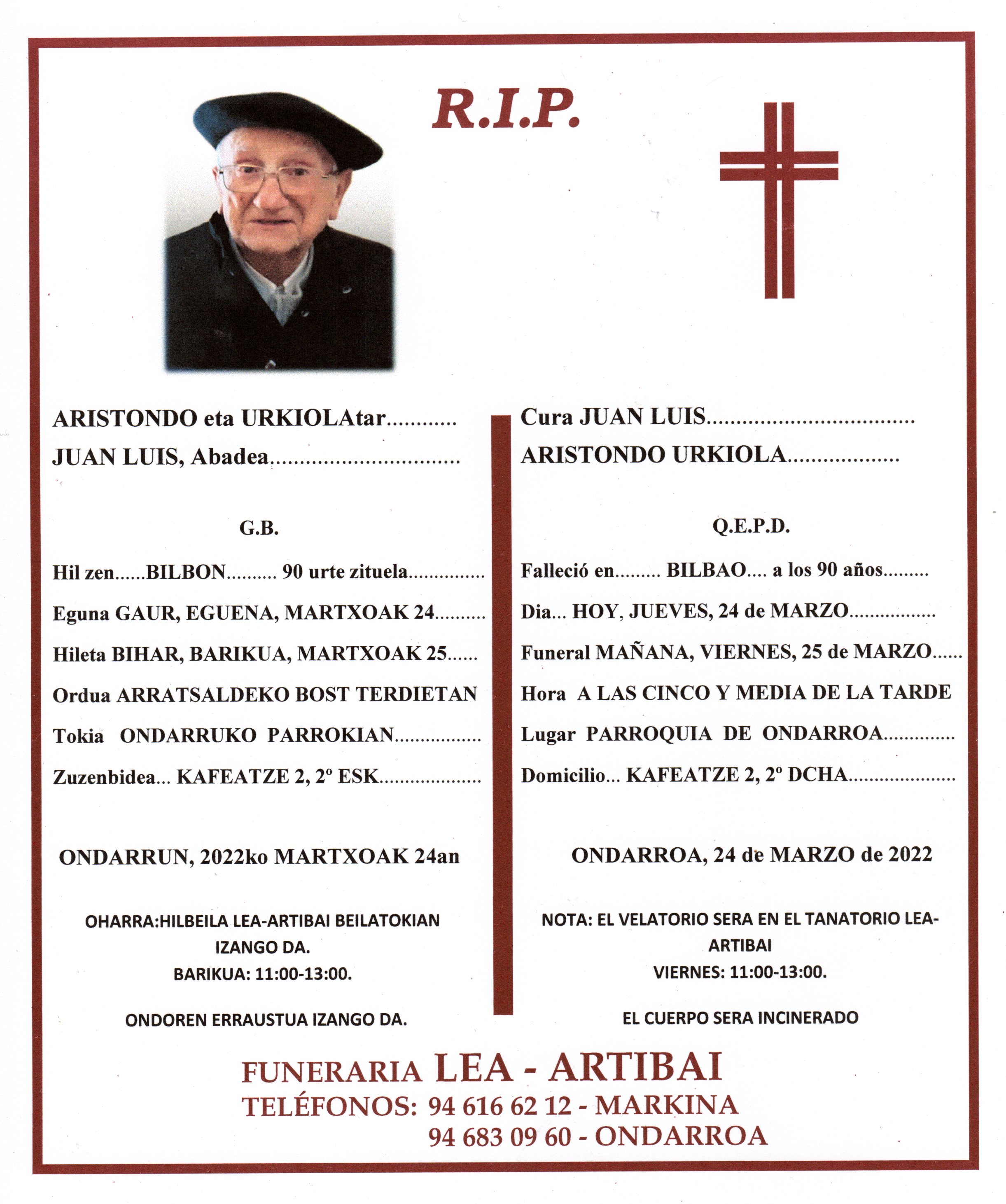 Esquela de Juan Luis Aristondo Urkiola
