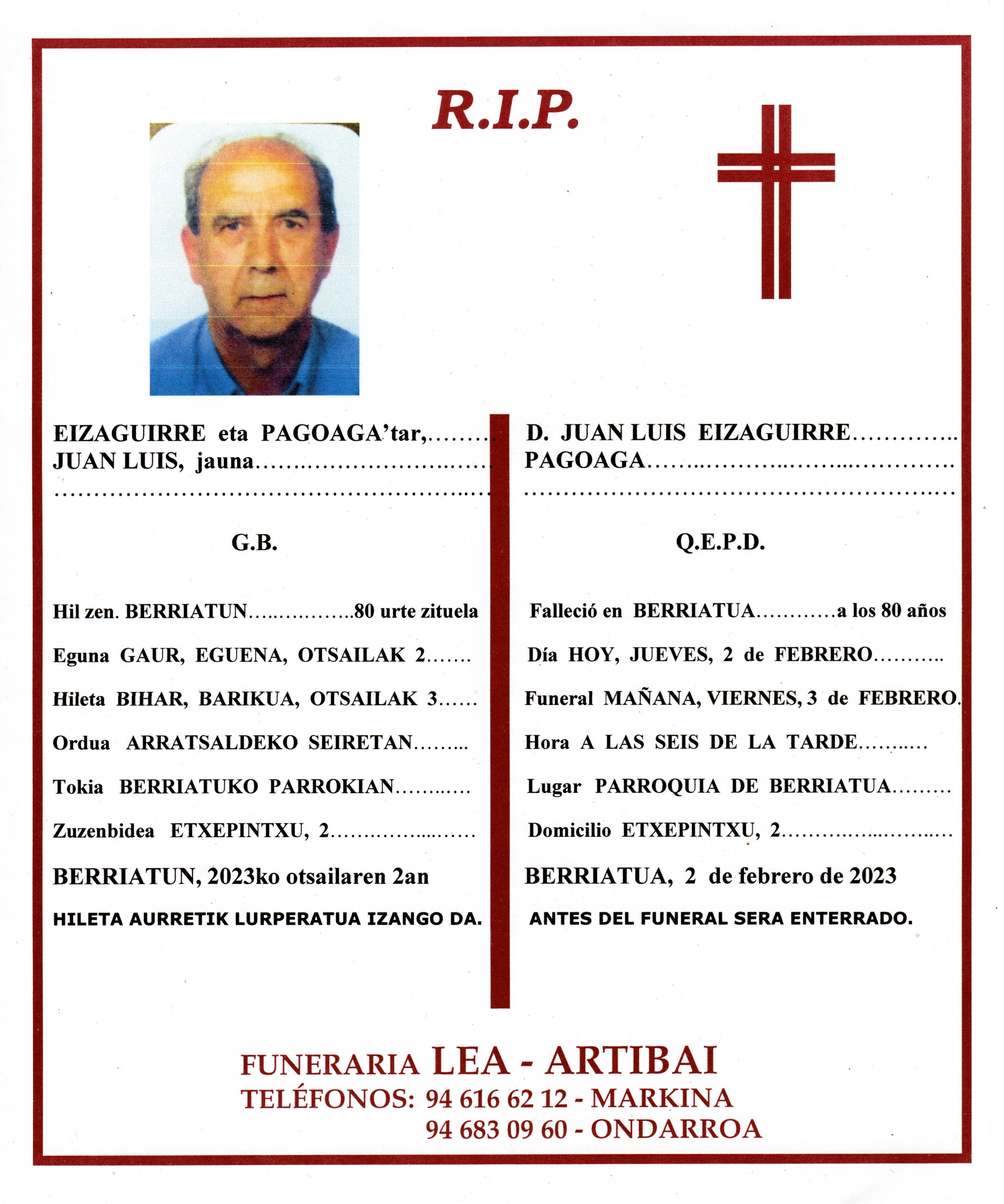 Esquela de Juan Luis Eizaguirre Pagoaga