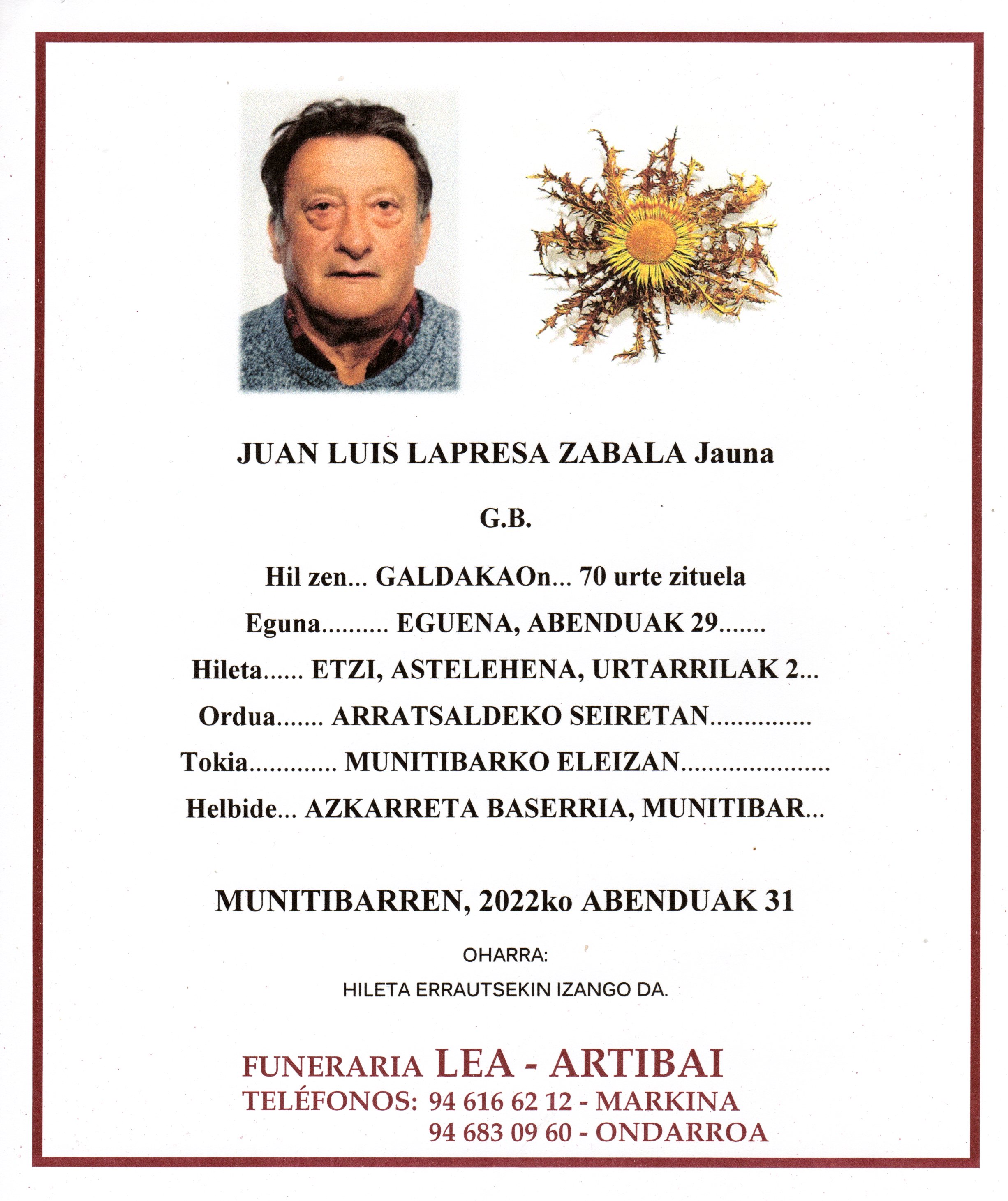 Esquela de Juan Luis Lapresa Zabala