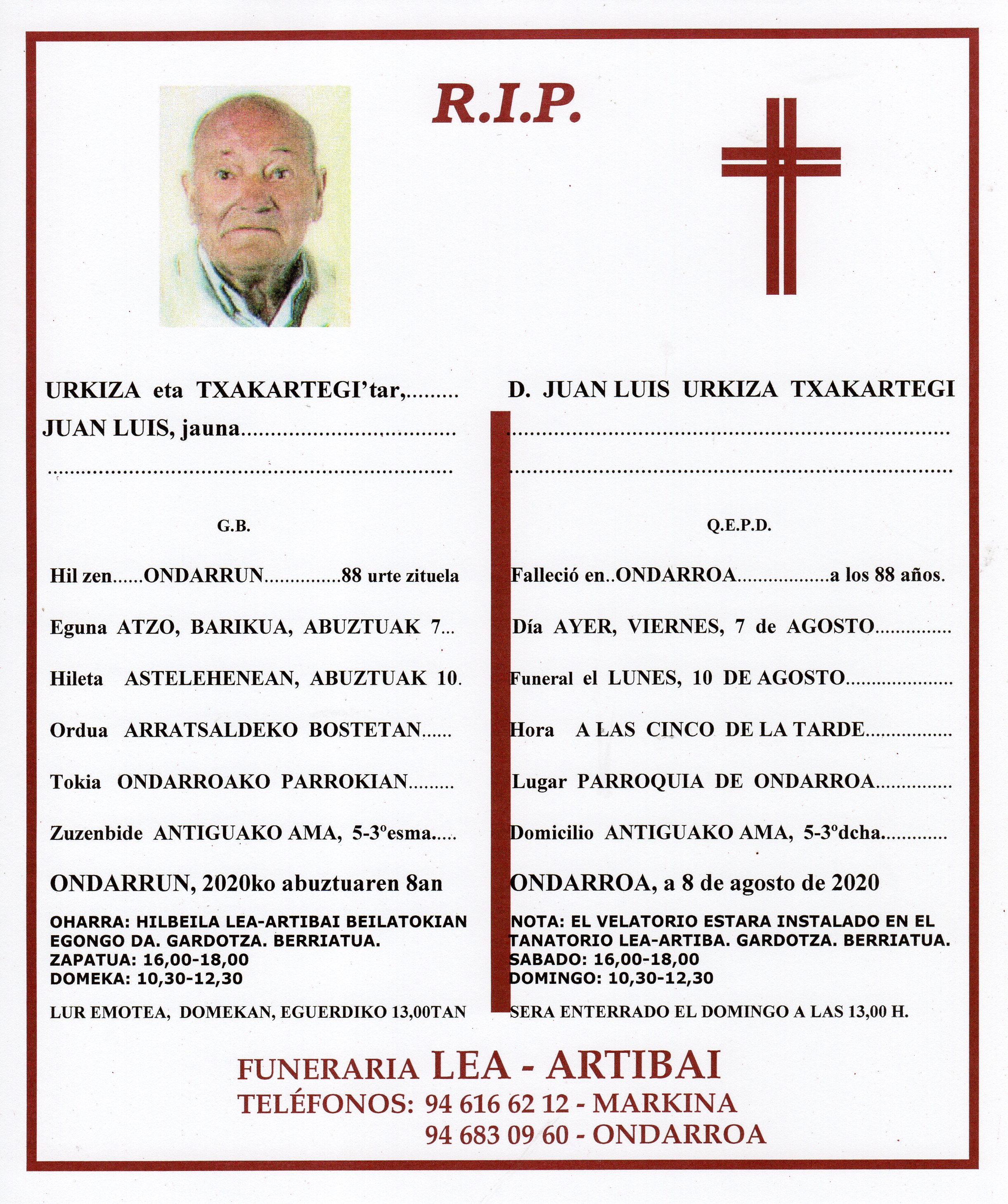 Esquela de Juan Luis Urkiza Txakartegi