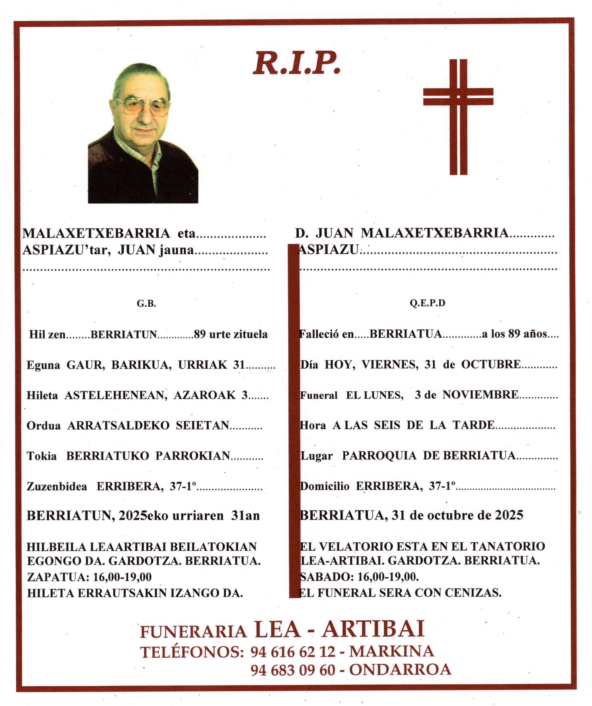 Esquela de Juan Malaxetxebarria Aspiazu