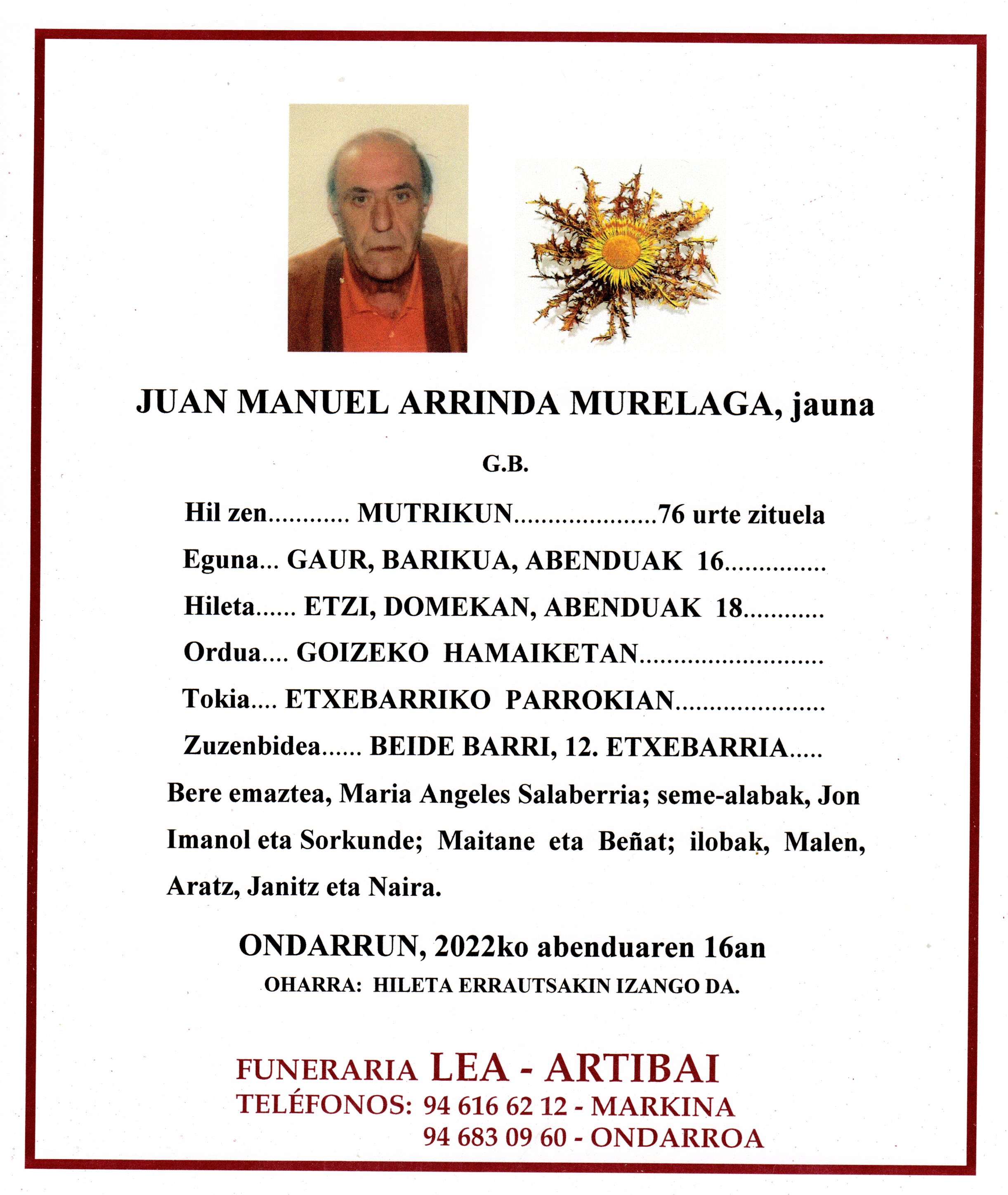 Esquela de Juan Manuel Arrinda Murelaga