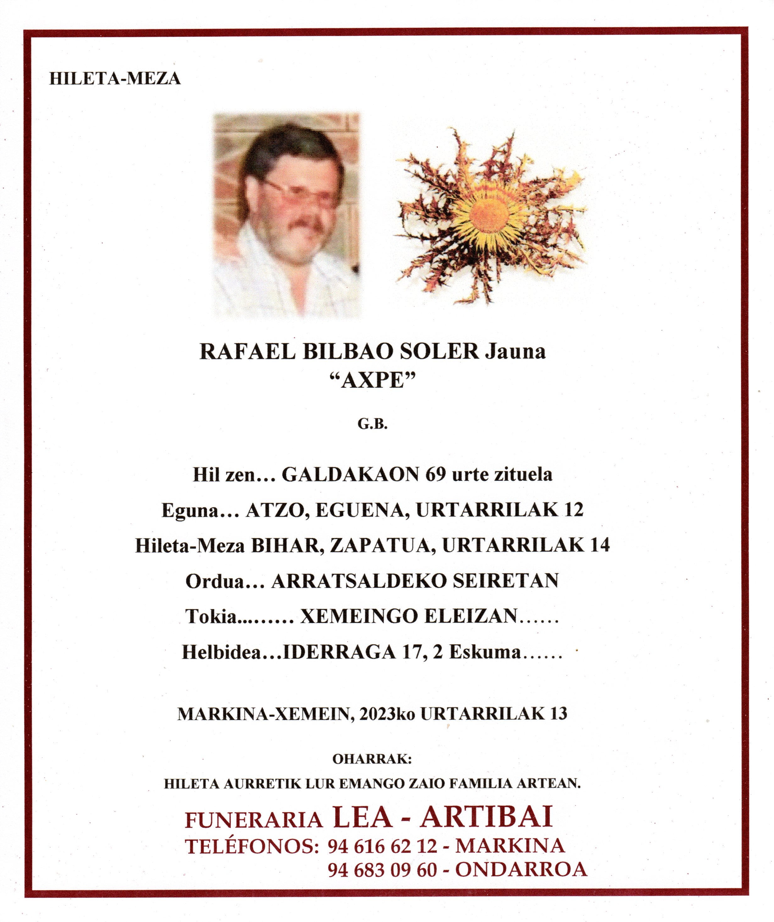 Esquela de Rafael Bilbao Soler