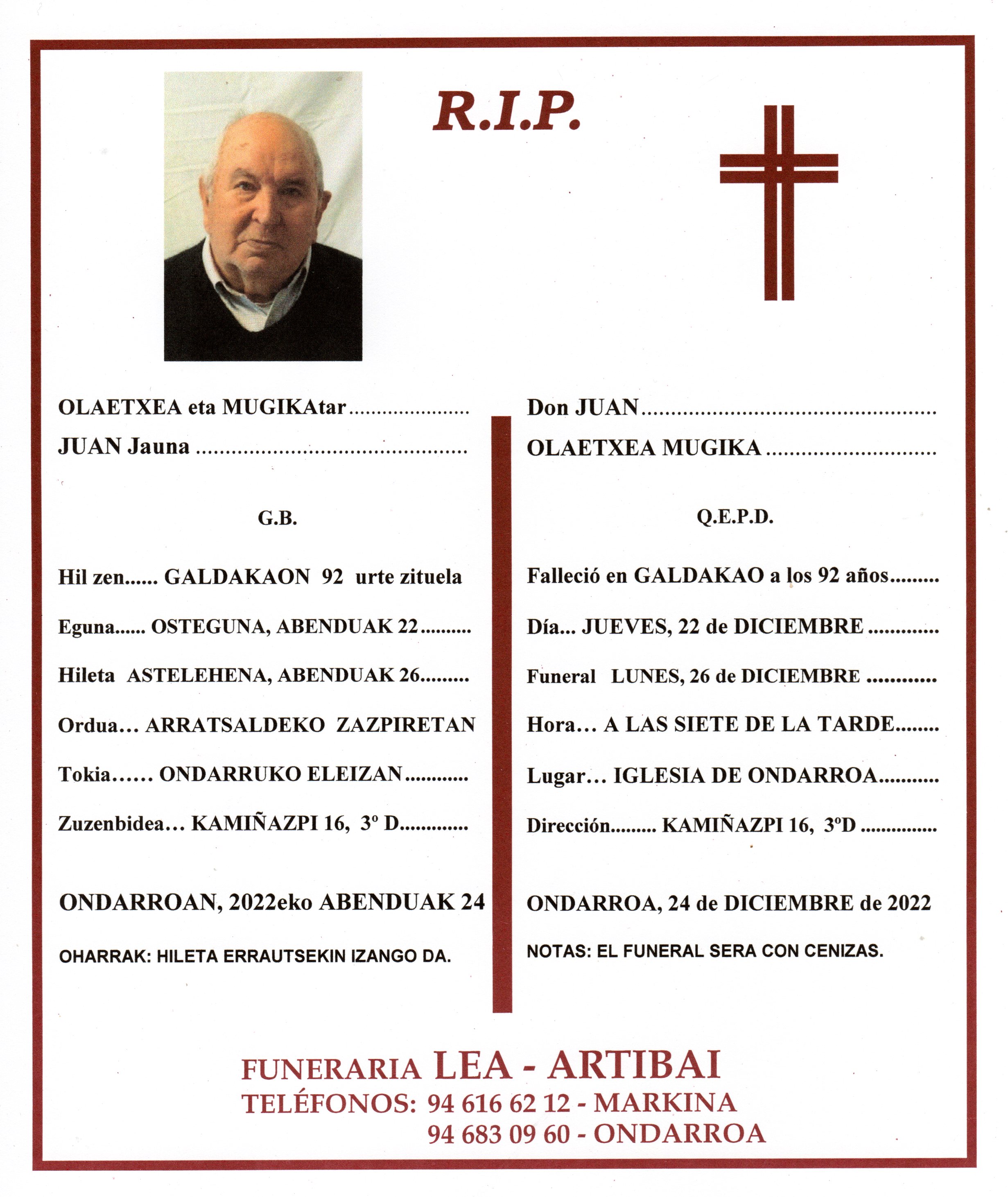 Esquela de Juan Olaetxea Mugika
