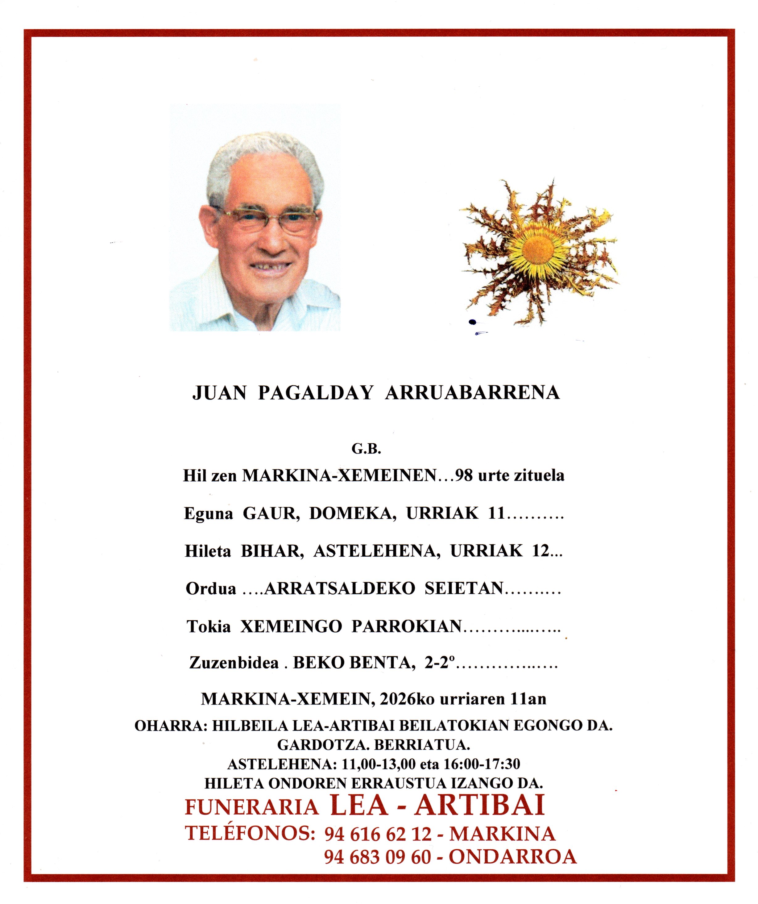 Esquela de Juan Pagalday Arruabarrena