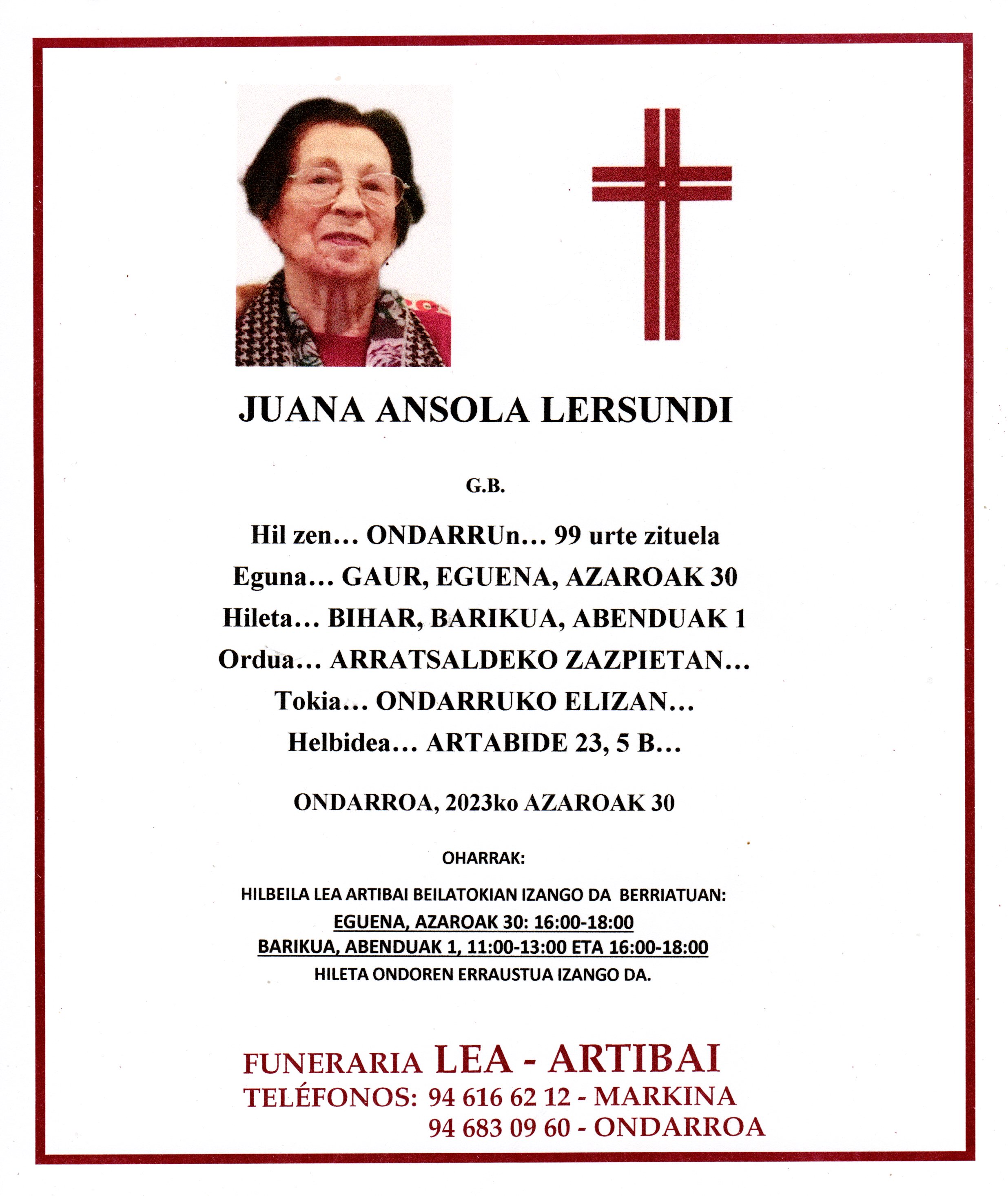 Esquela de Juana Ansola Lersundi