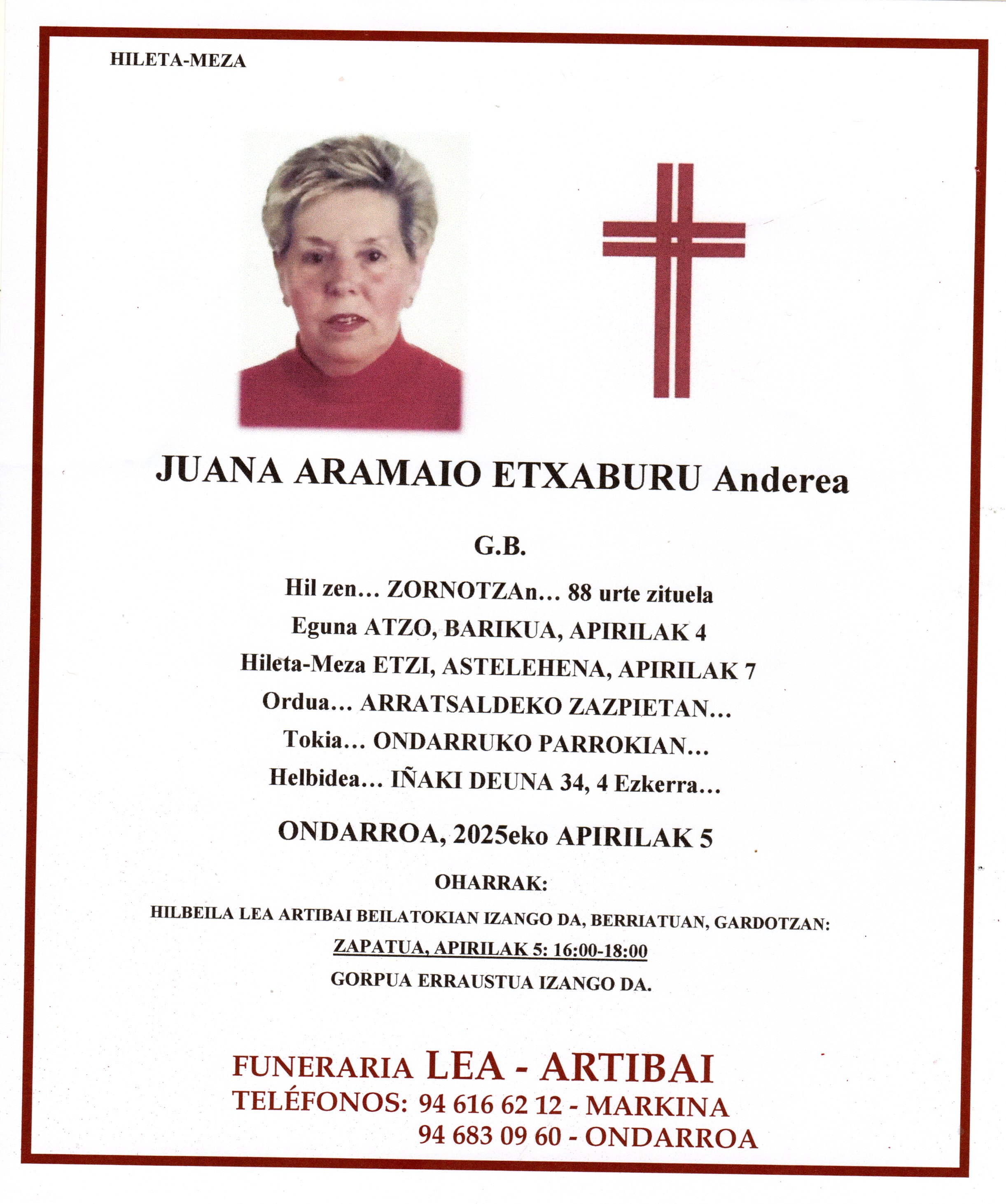 Esquela de Juana Aramaio Etxaburu