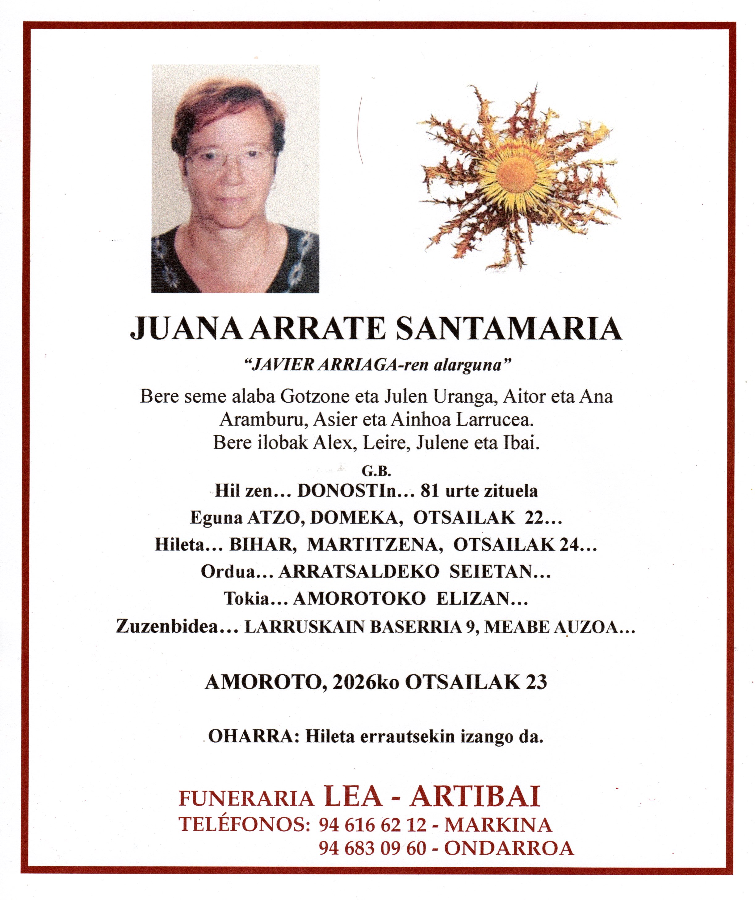 Esquela de Juana Arrate Santamaria