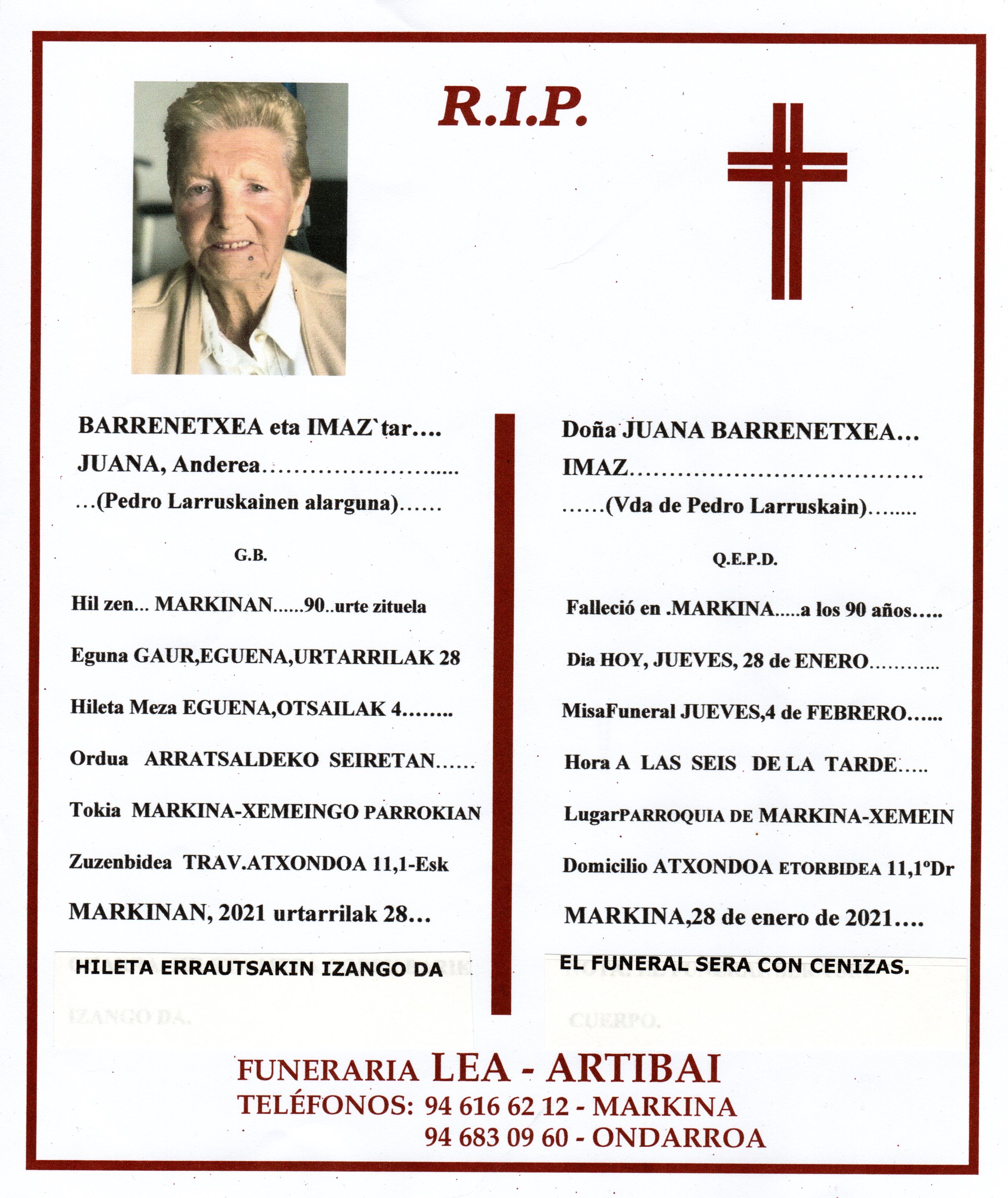 Esquela de Juana Barrenetxea Imaz