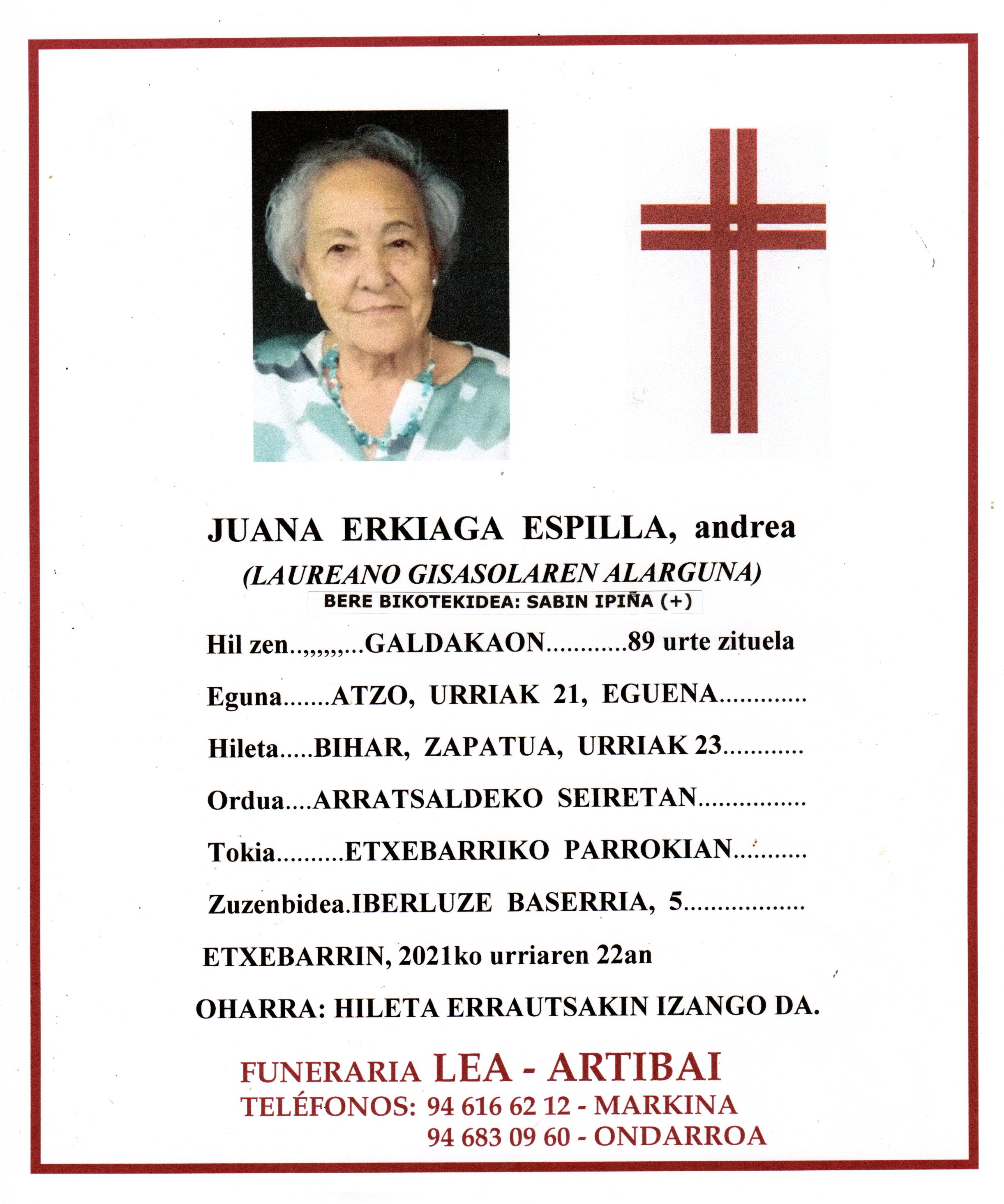 Esquela de Juana Erkiaga Espilla