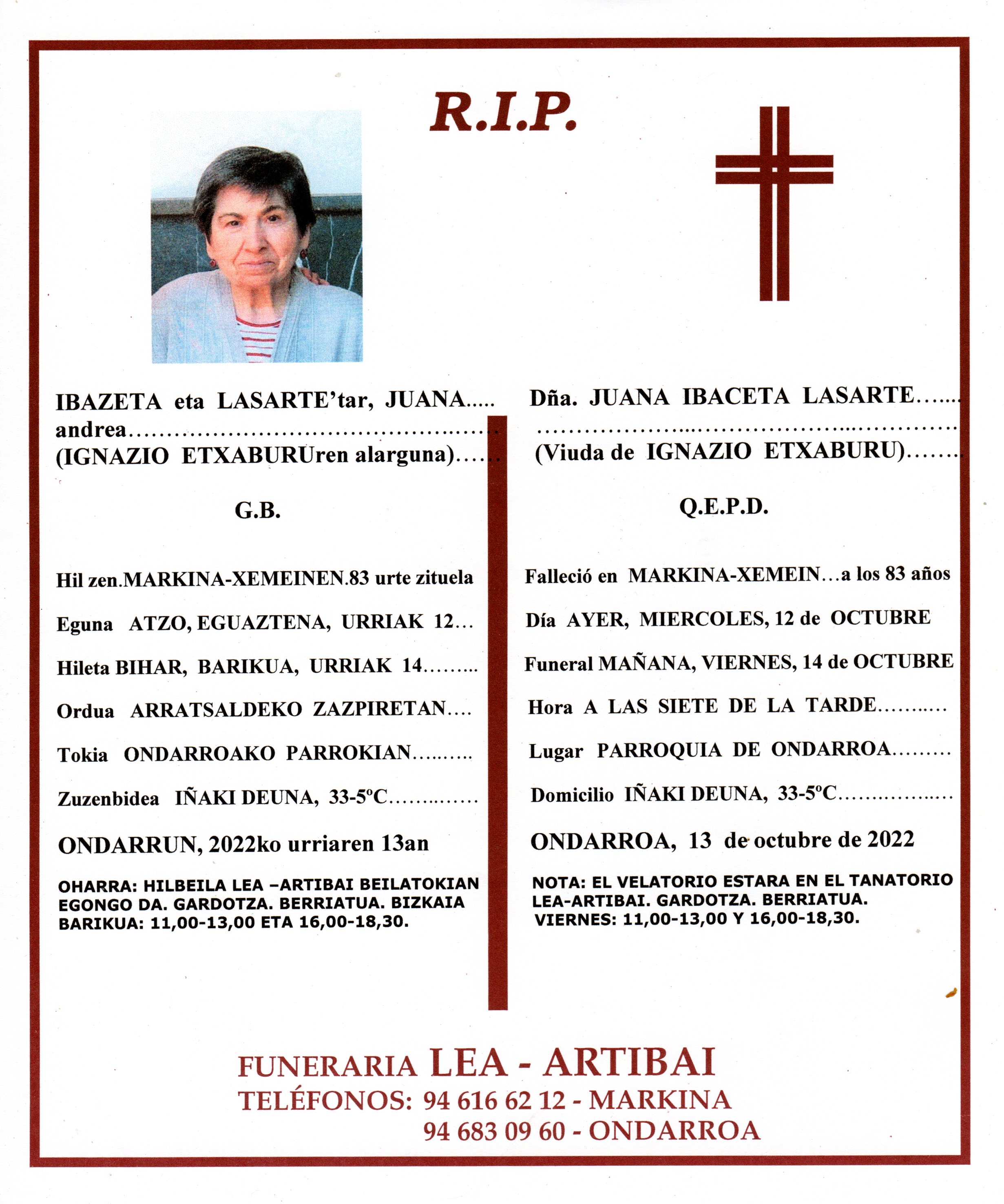 Esquela de Juana Ibazeta Lasarte