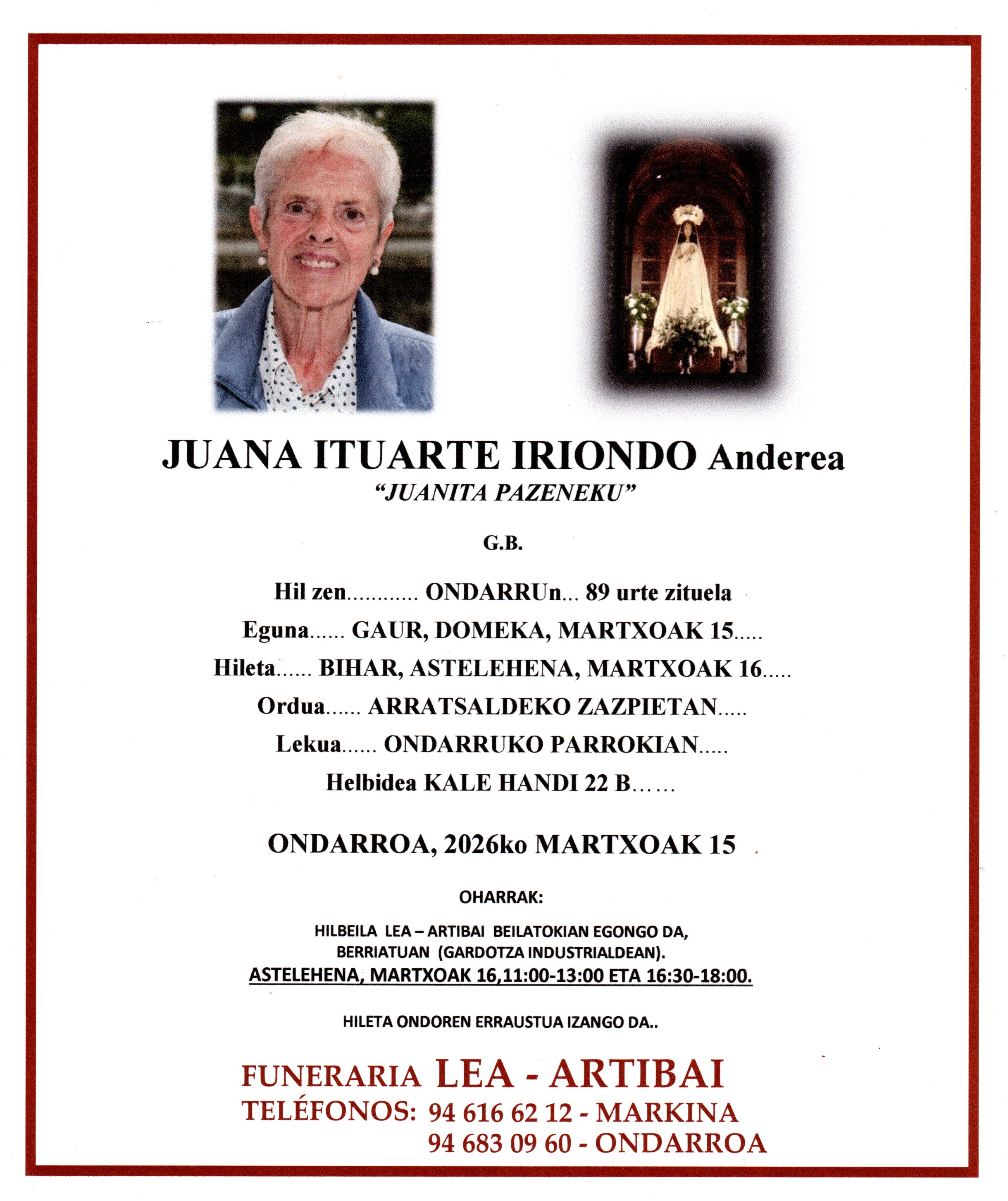 Esquela de Juana Ituarte Iriondo