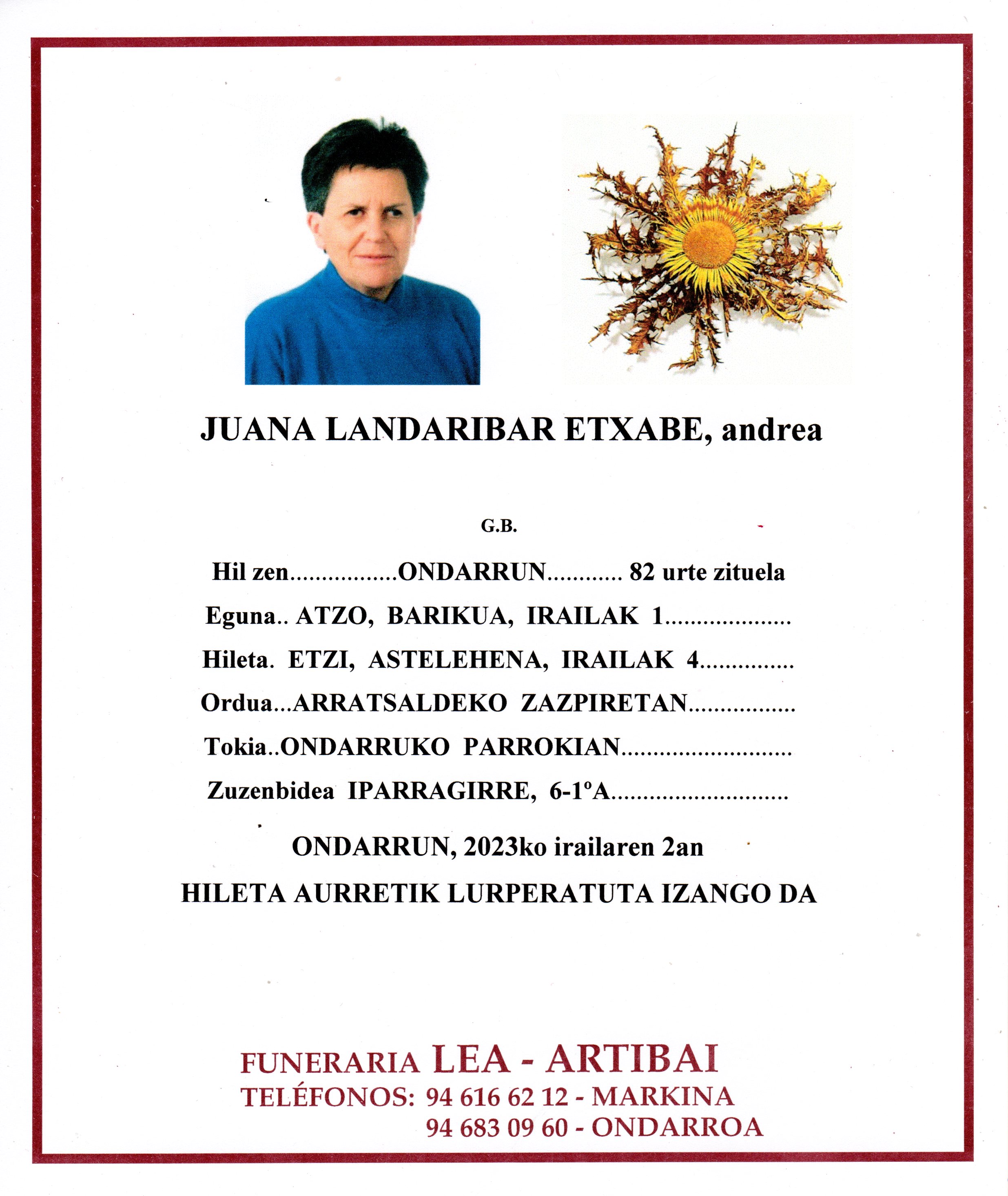 Esquela de Juana Landaribar Etxabe
