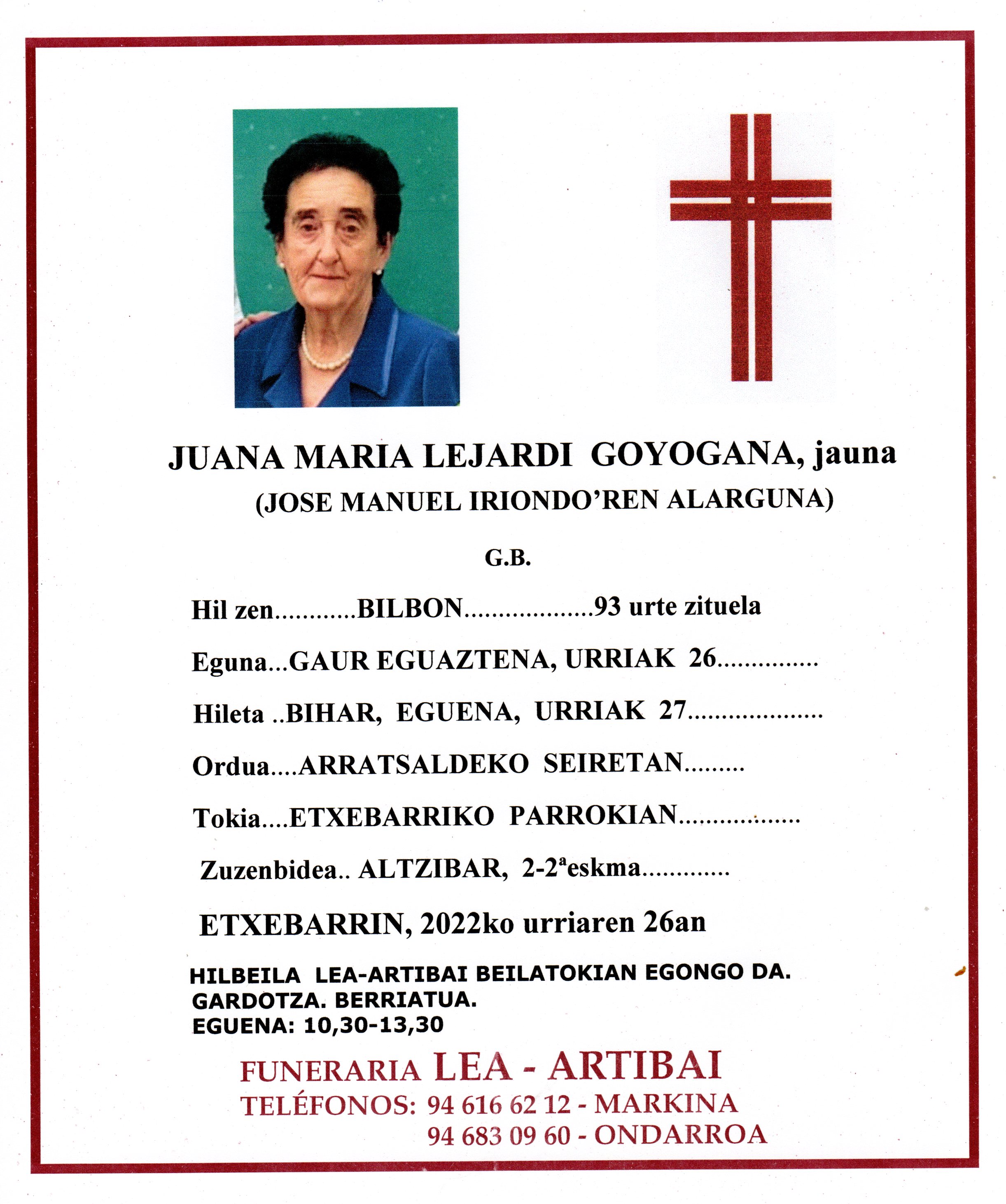 Esquela de Juana Maria Lejardi Goyogana