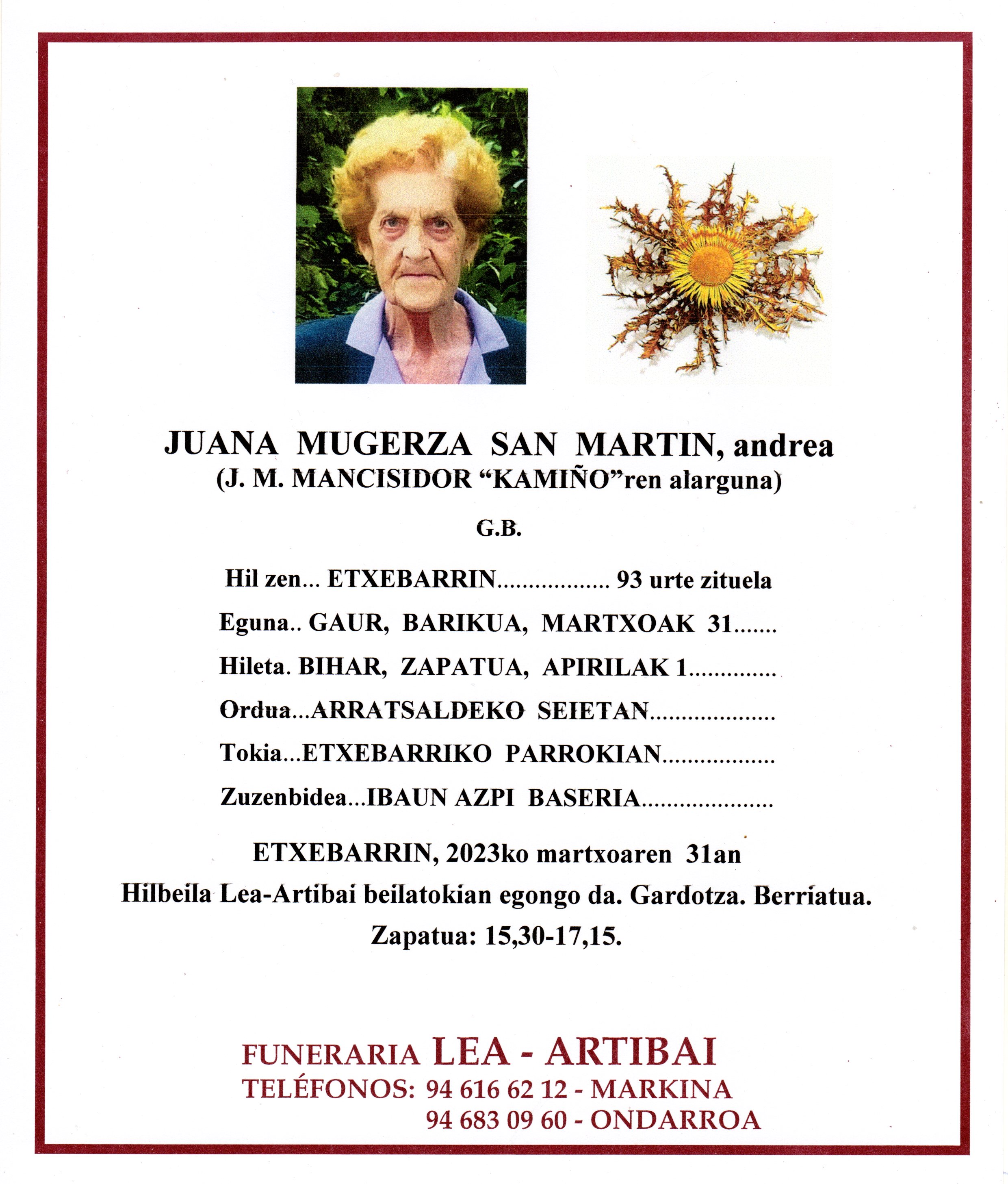 Esquela de Juana Mugerza San Martin