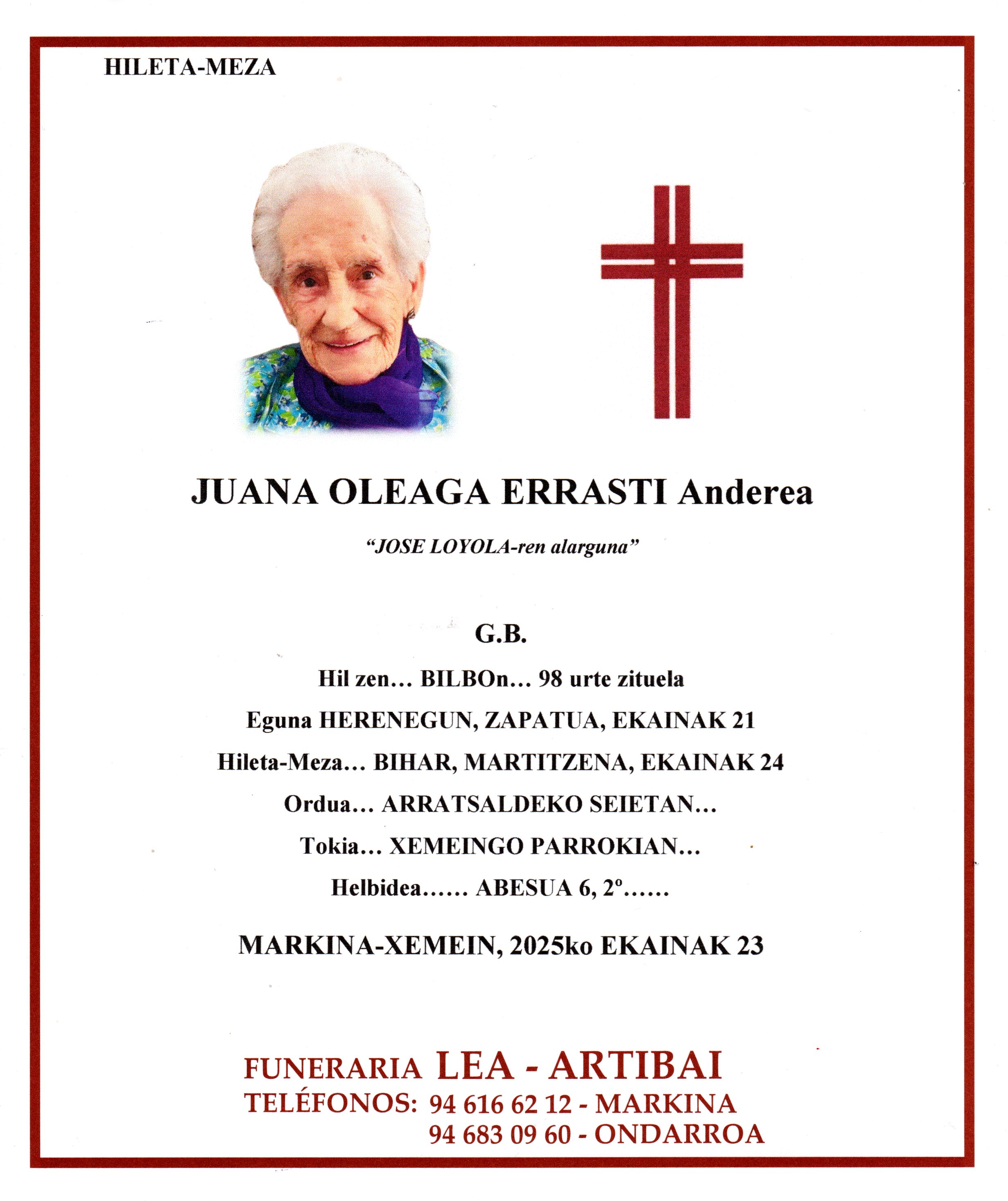 Esquela de Juana Oleaga Errasti