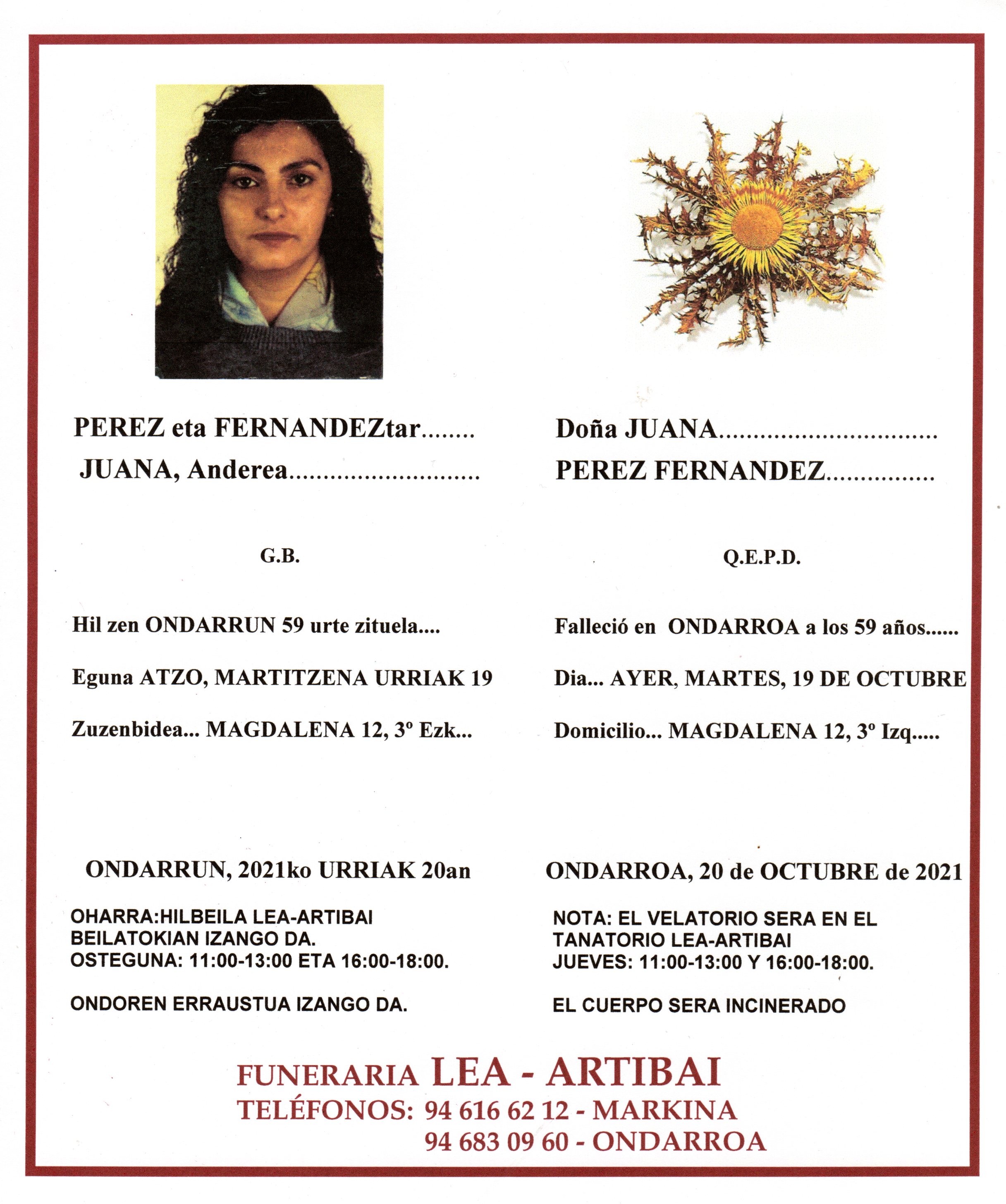 Esquela de Juani Perez Fernandez