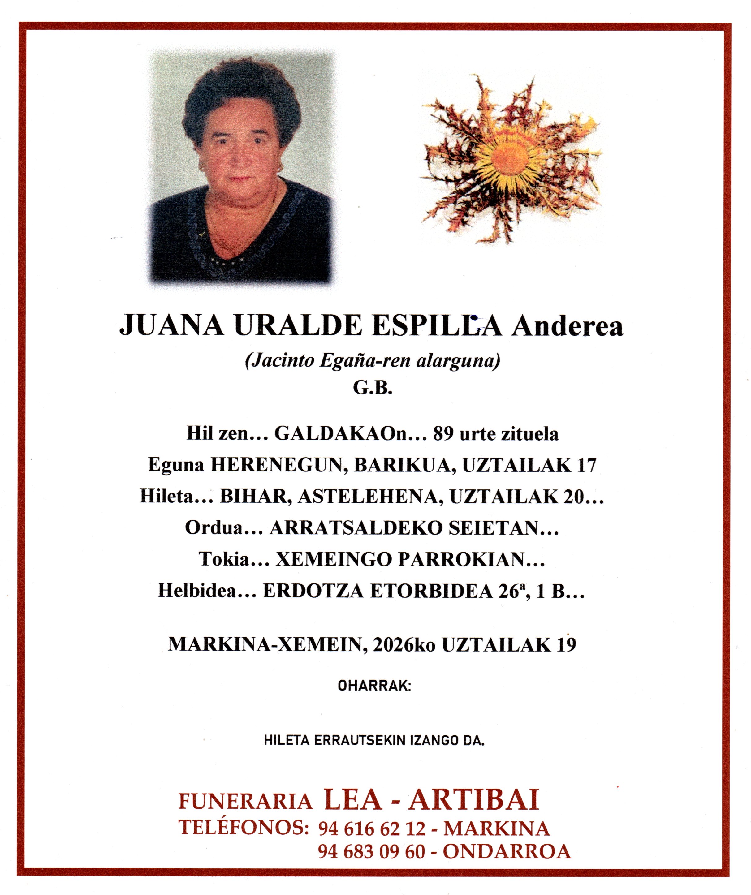 Esquela de Juana Uralde Espilla