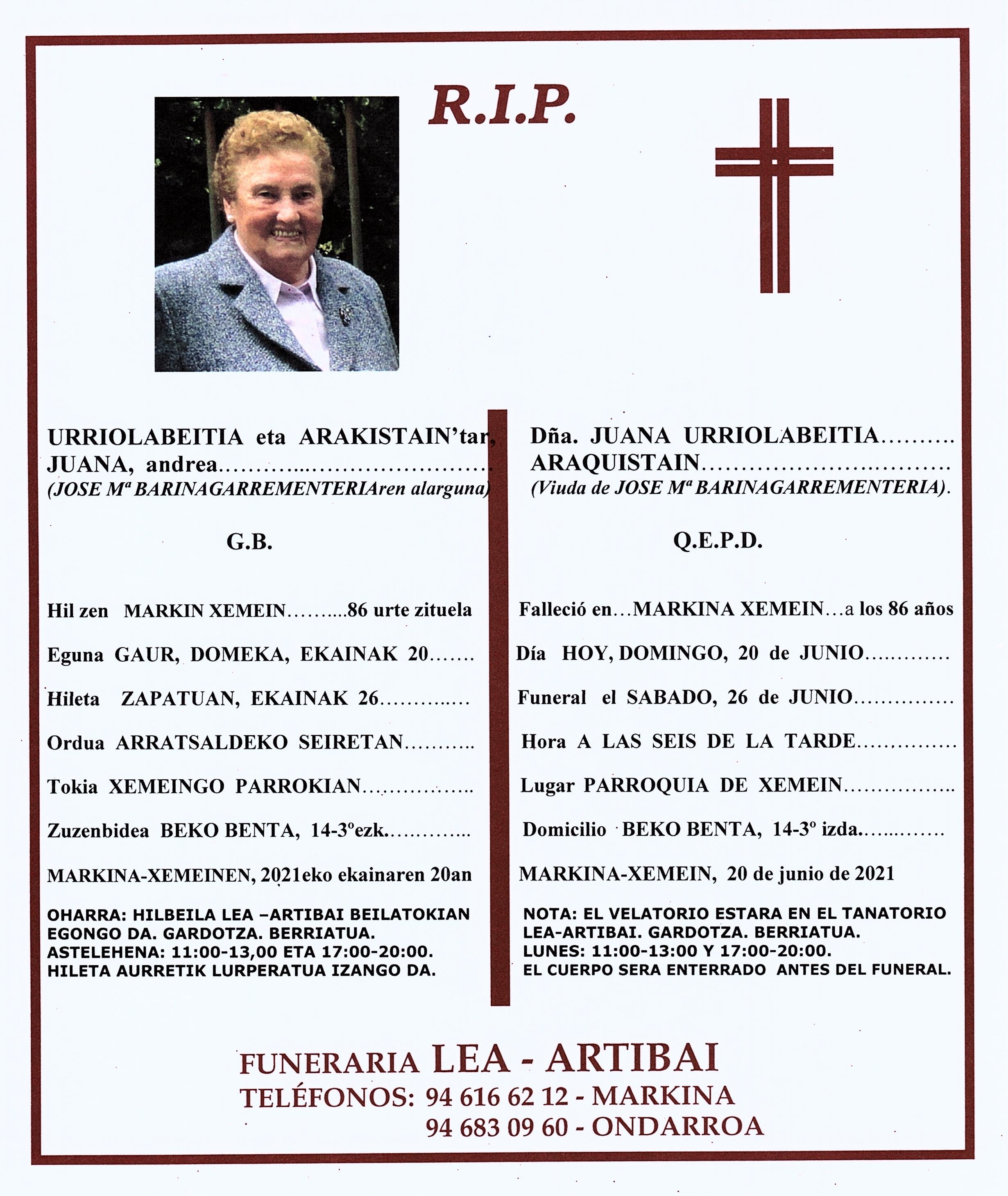 Esquela de Juana Urriolabeitia Araquistain