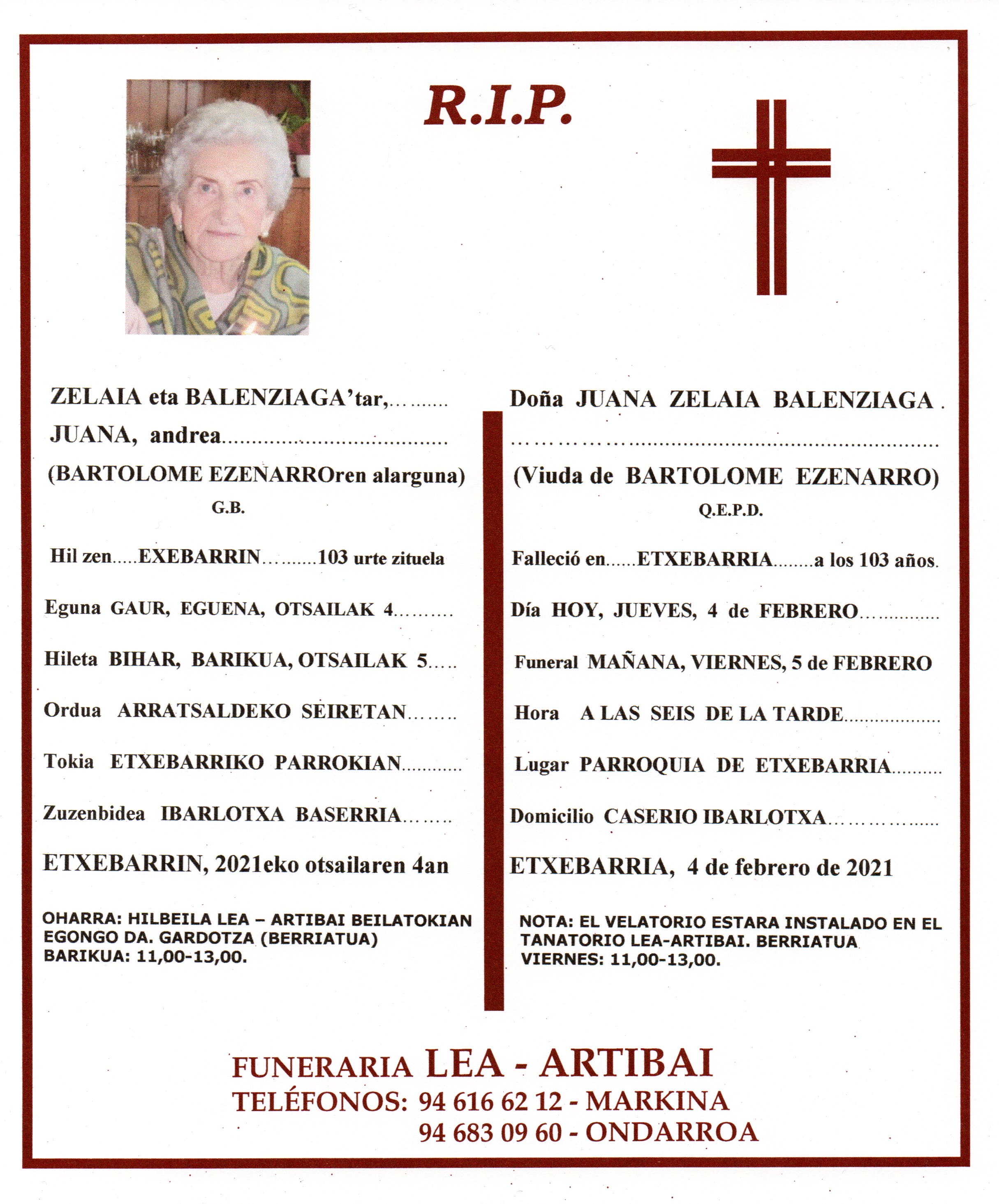 Esquela de Juana Zelaia Balenziaga