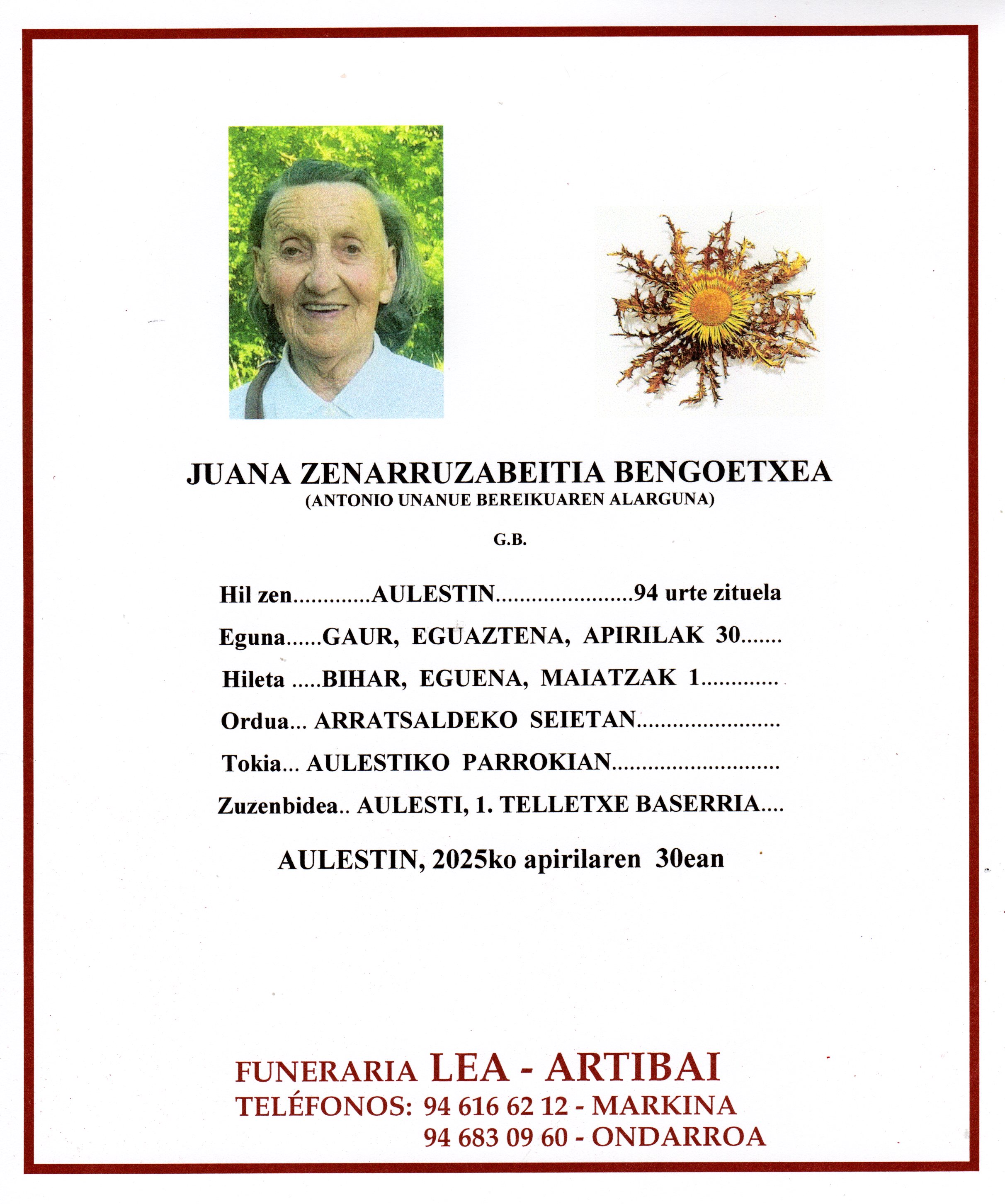 Esquela de Juana Zenarruzabeitia Bengoetxea