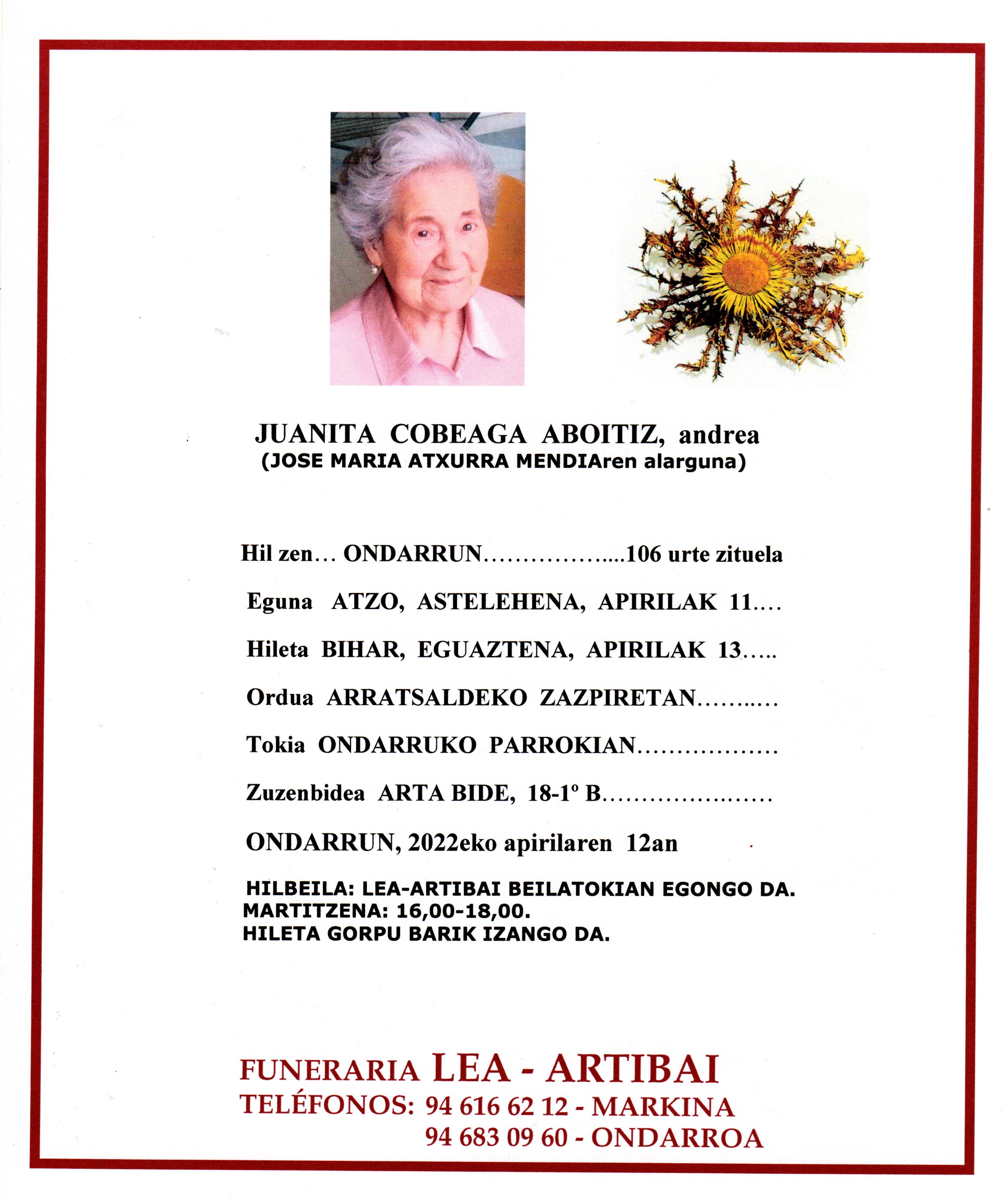 Esquela de Juanita Cobeaga Aboitiz