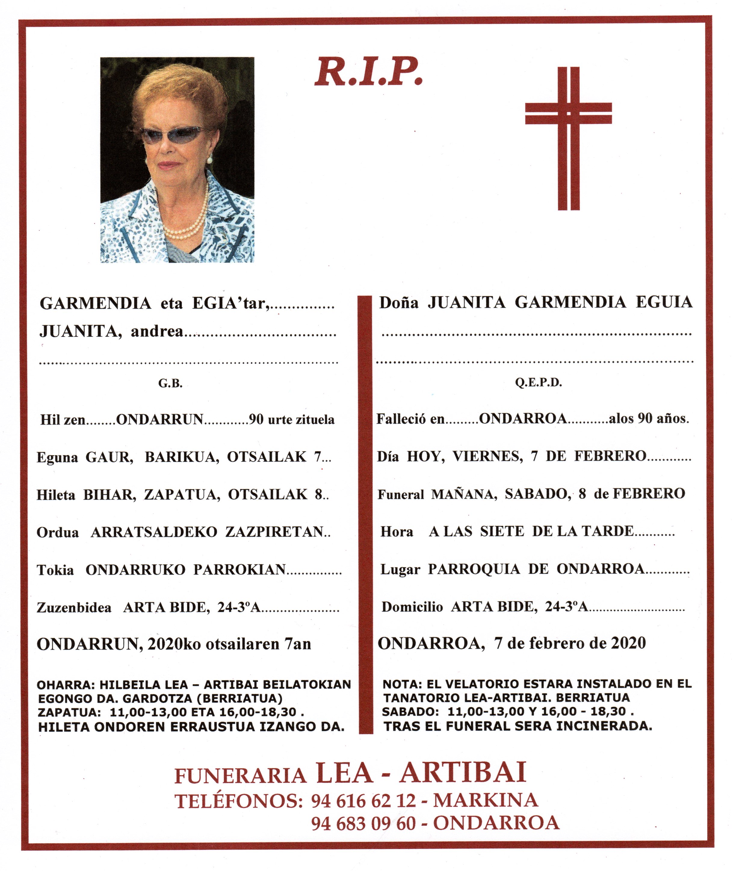 Esquela de Juanita Garmendia Egia