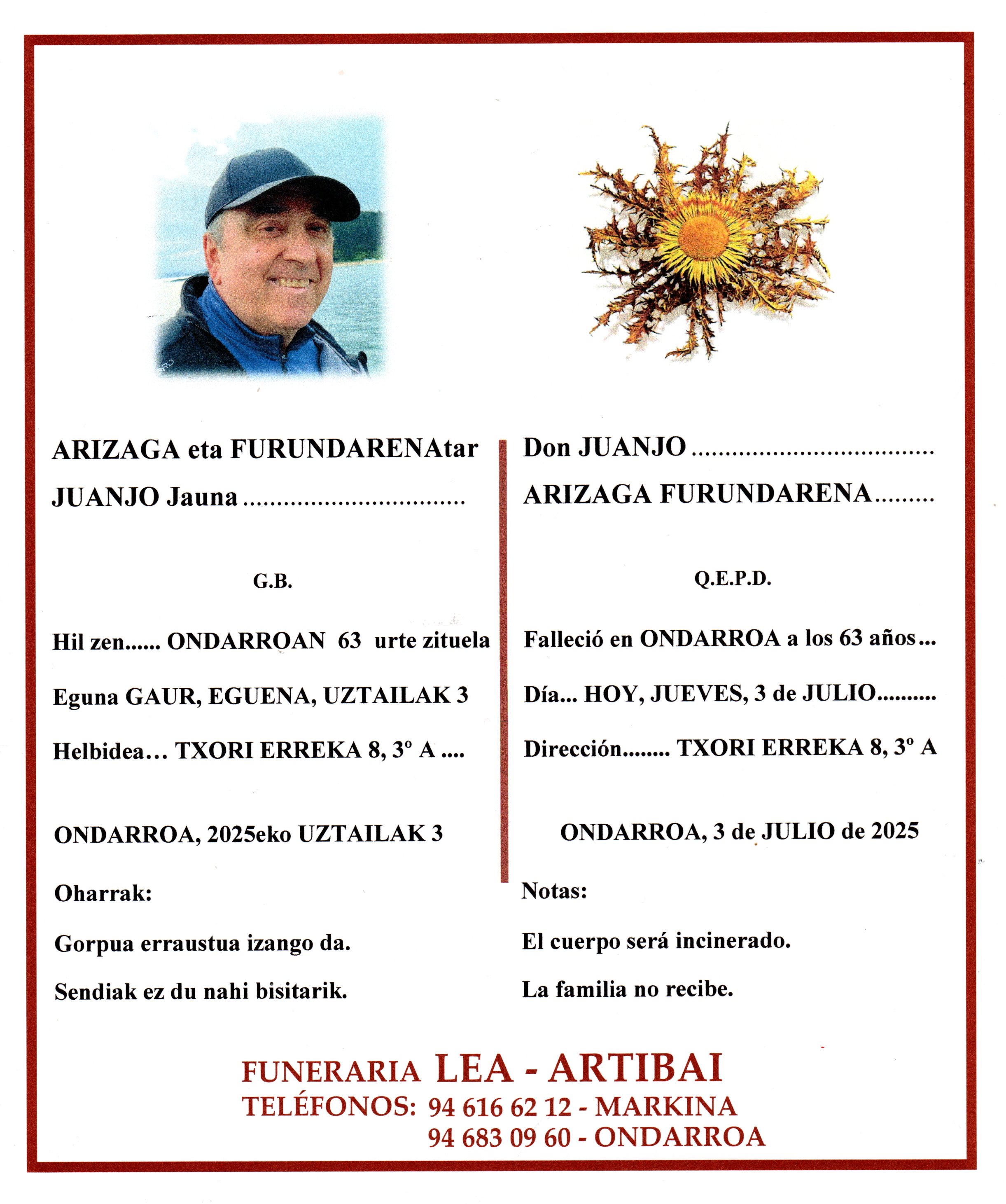 Esquela de Juanjo Arizaga Furundarena