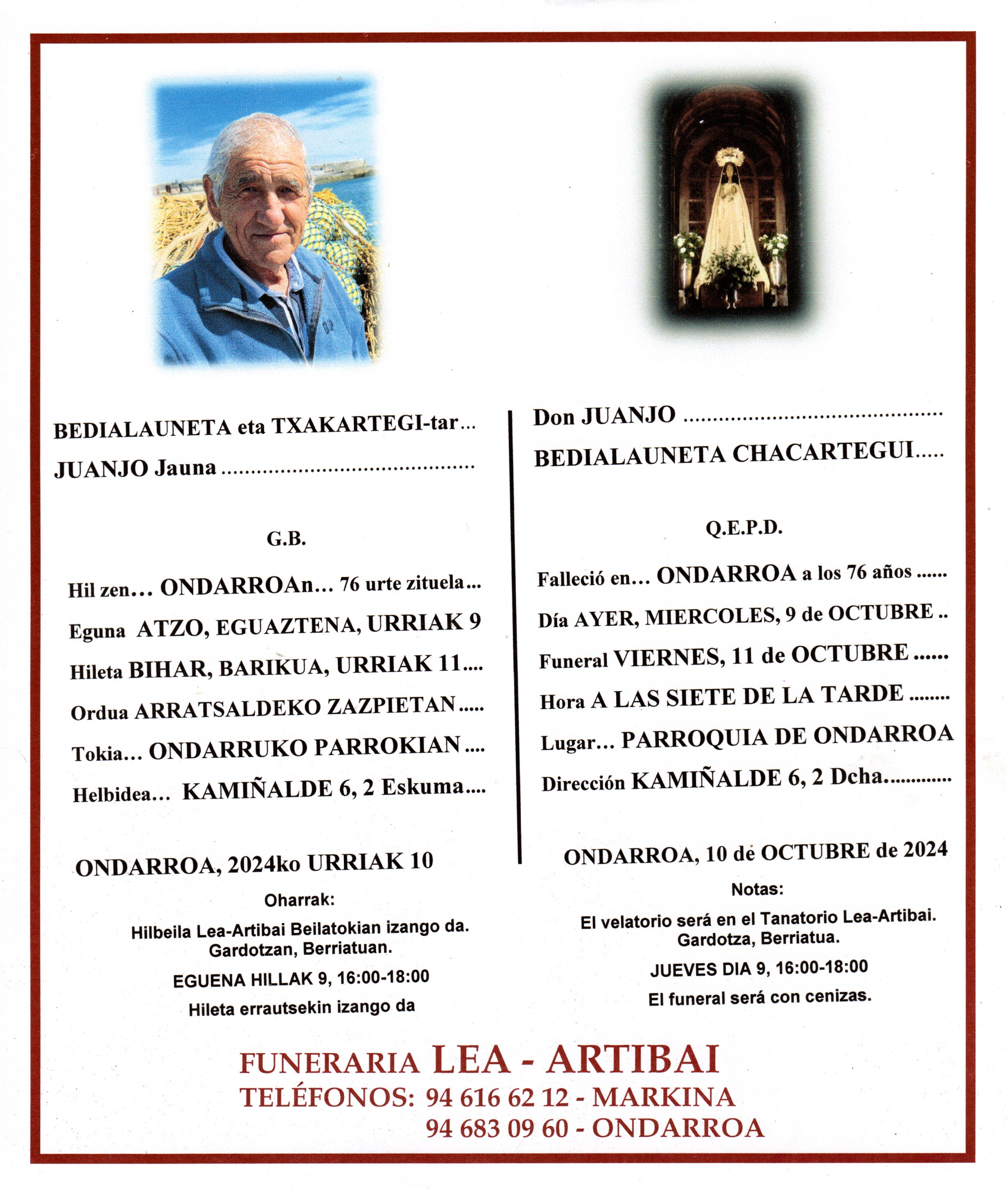 Esquela de Juanjo Bedialauneta Txakartegi