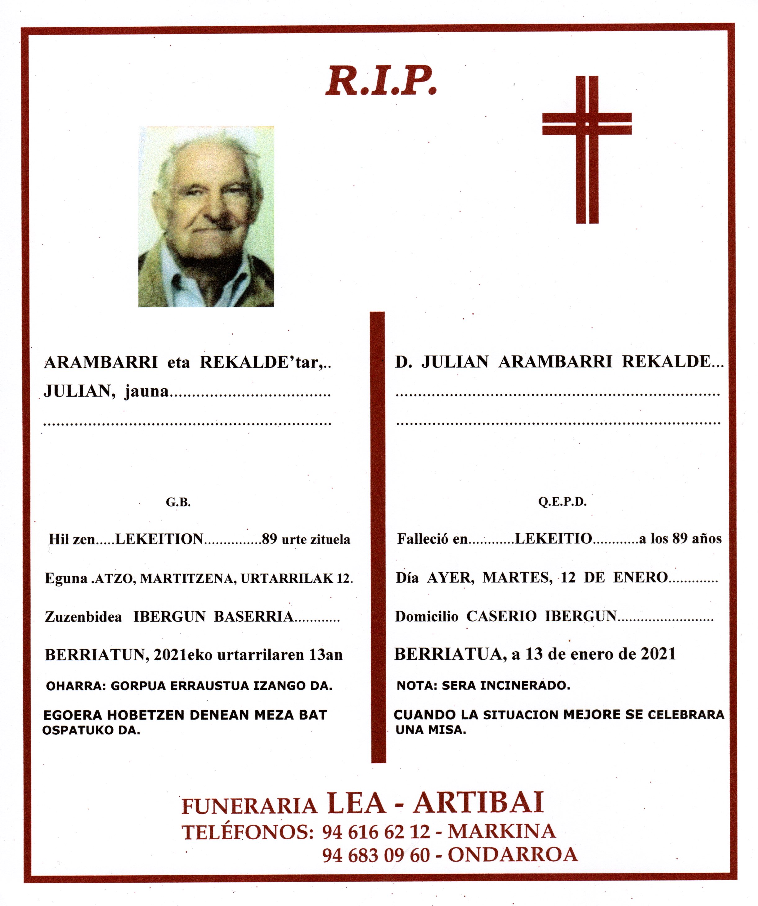 Esquela de Julian Arambarri Rekalde