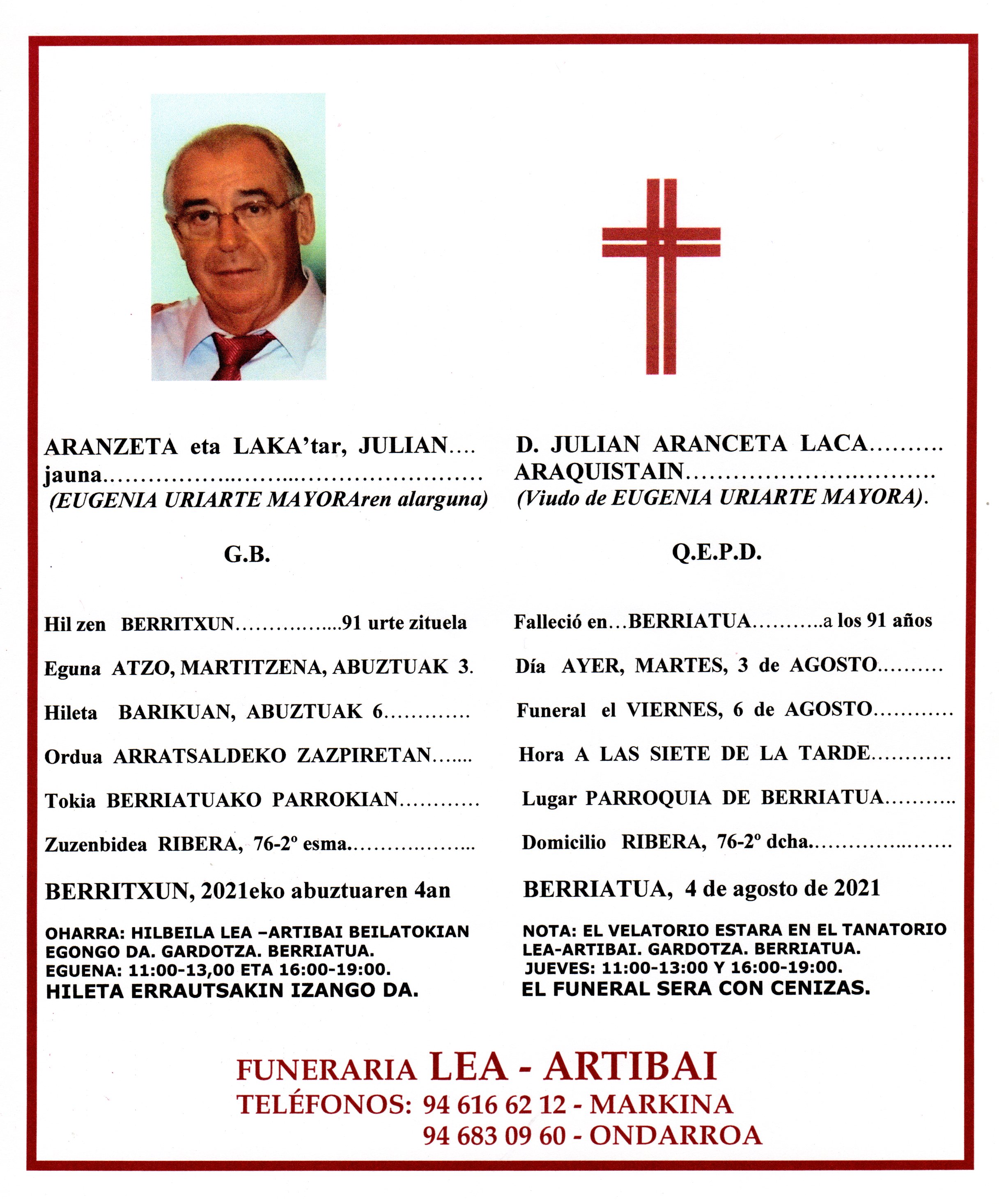 Esquela de Julian Aranzeta Laka