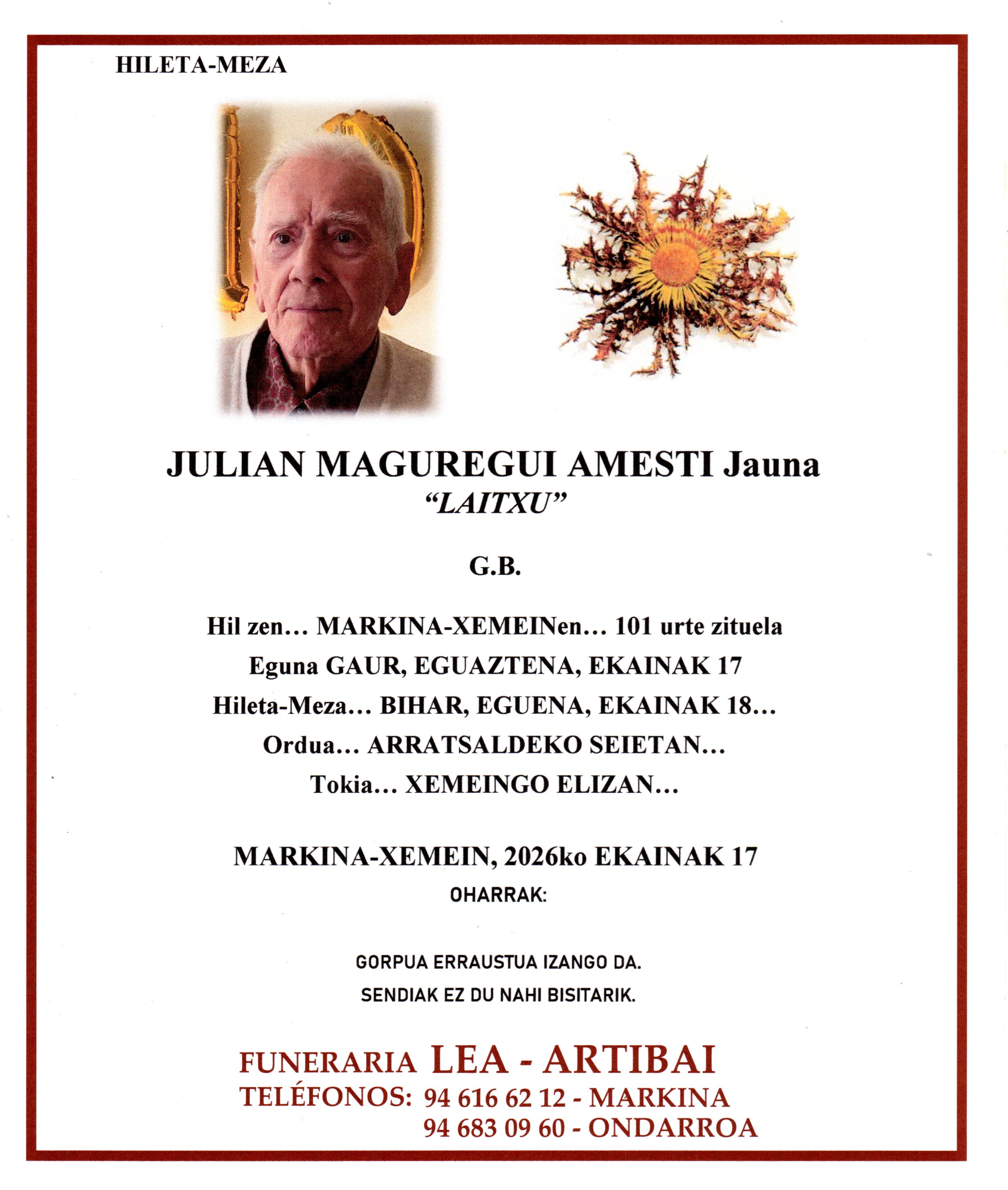 Esquela de Julian Maguregui Amesti