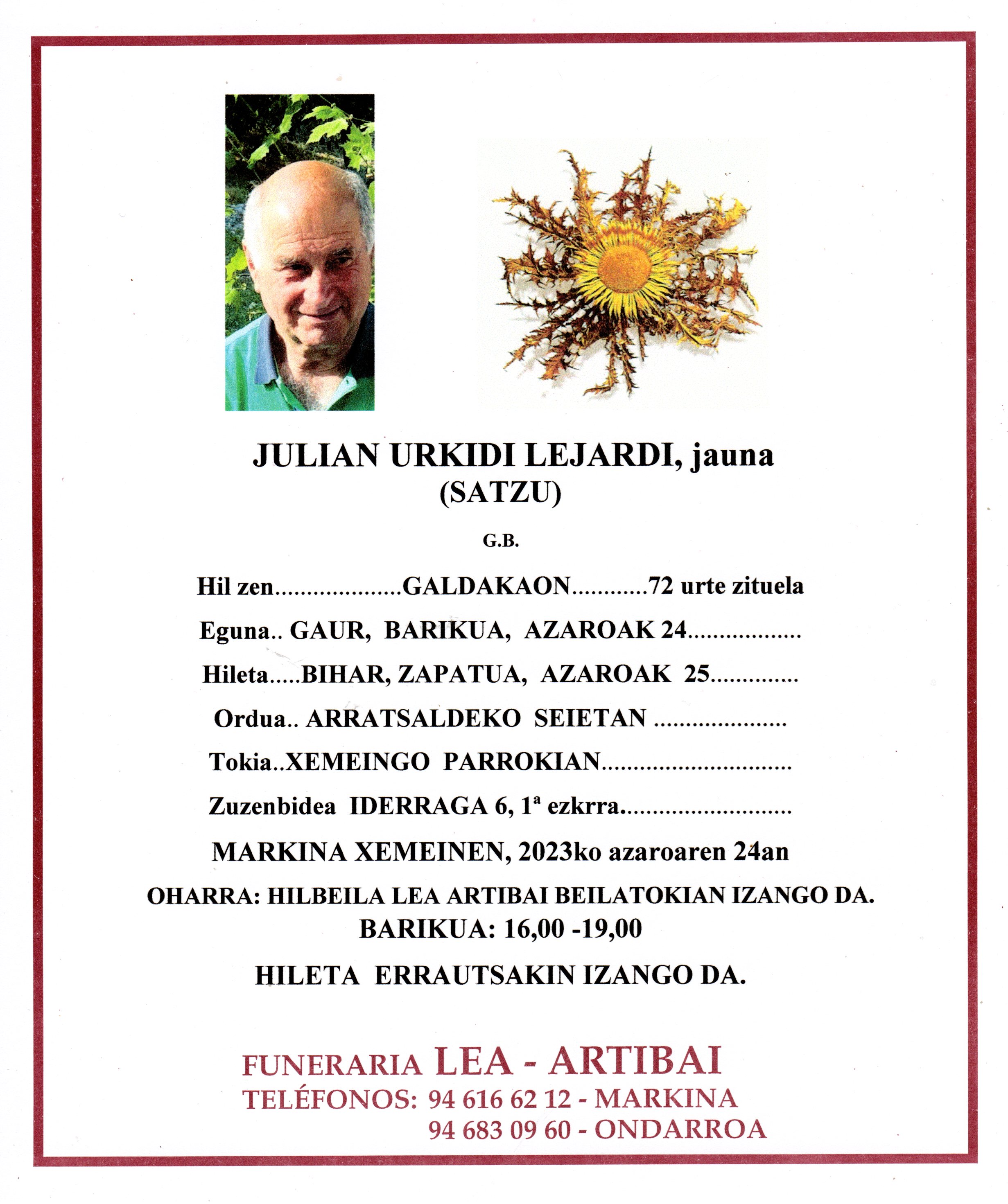 Esquela de Julian Urkidi Lejardi