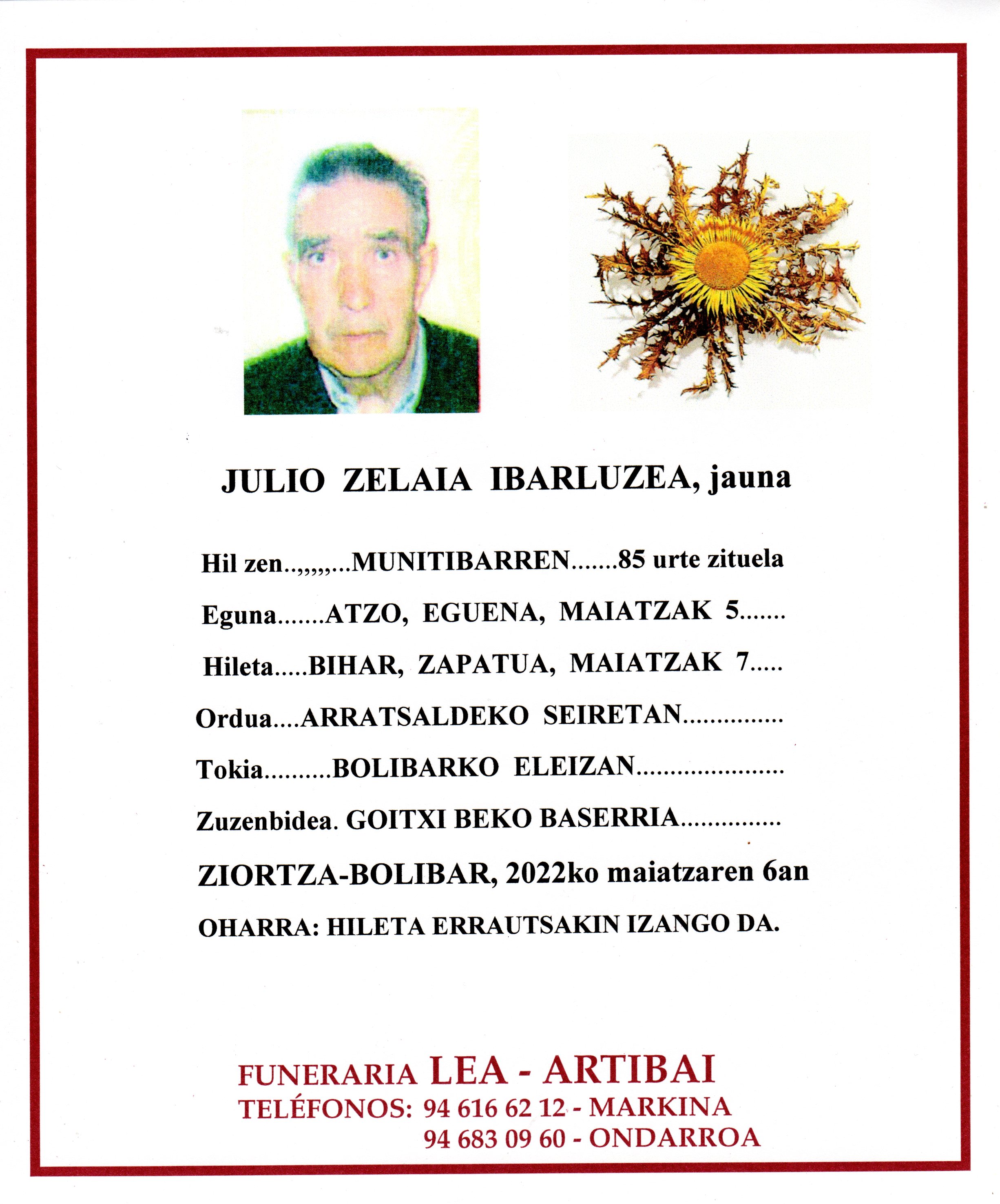 Esquela de Julio Zelaia Ibarluzea