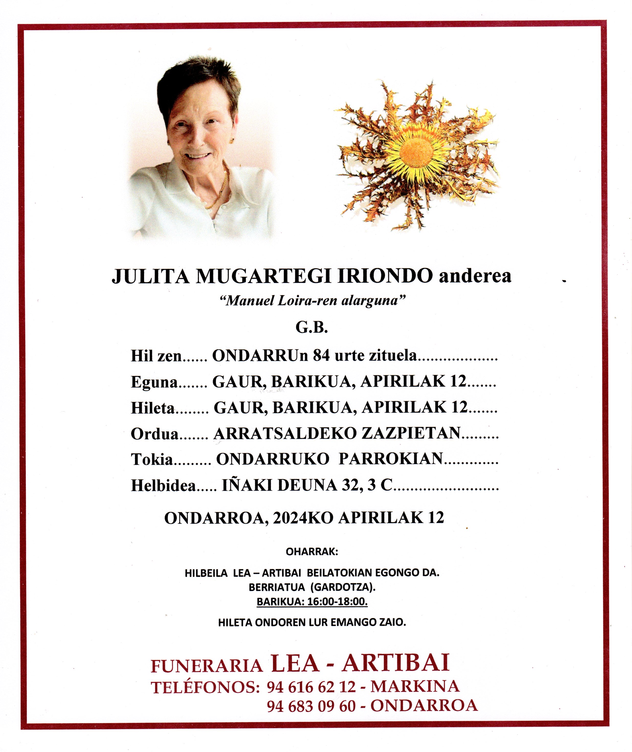 Esquela de Julita Mugartegi Iriondo
