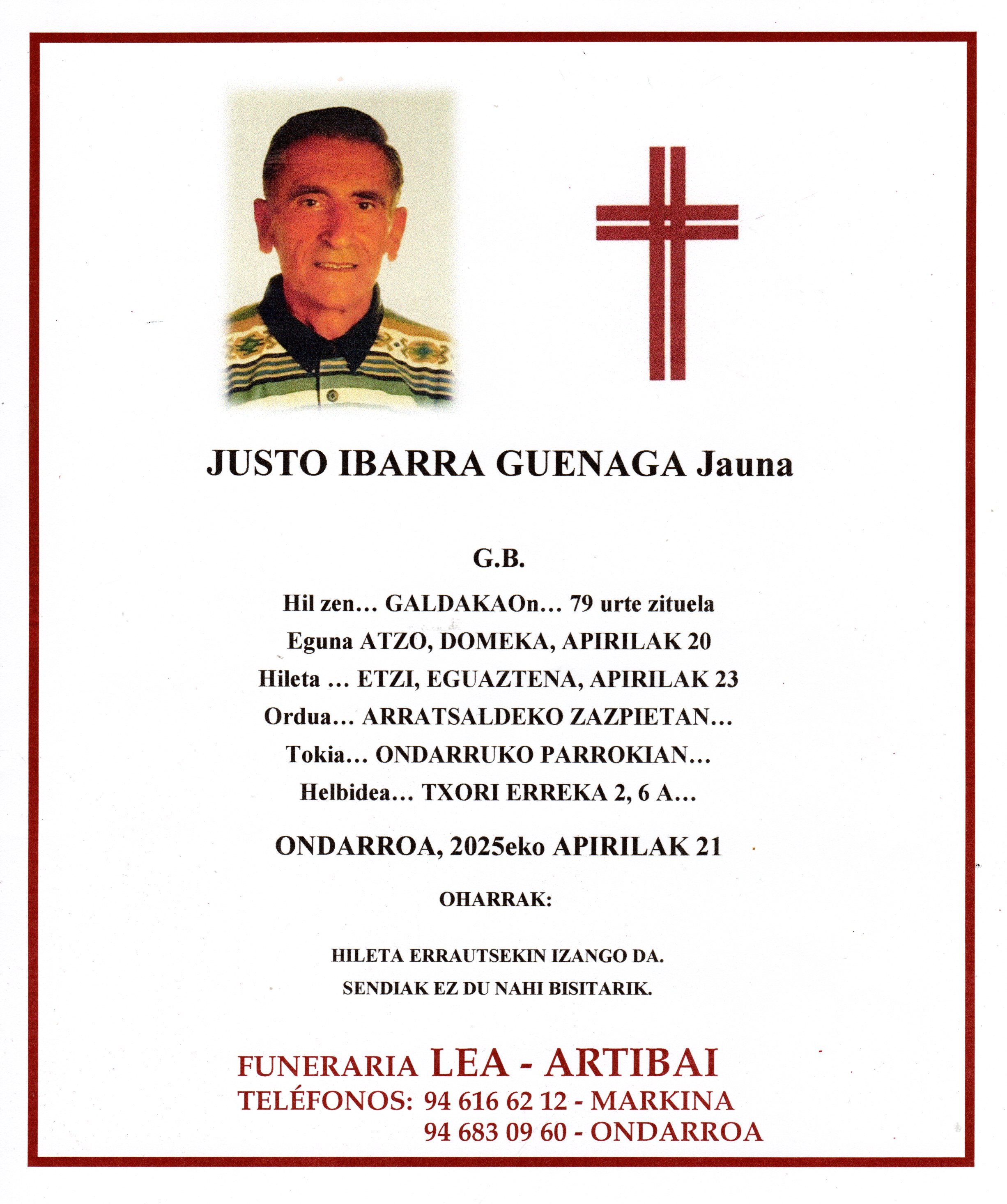 Esquela de Justo Ibarra Guenaga