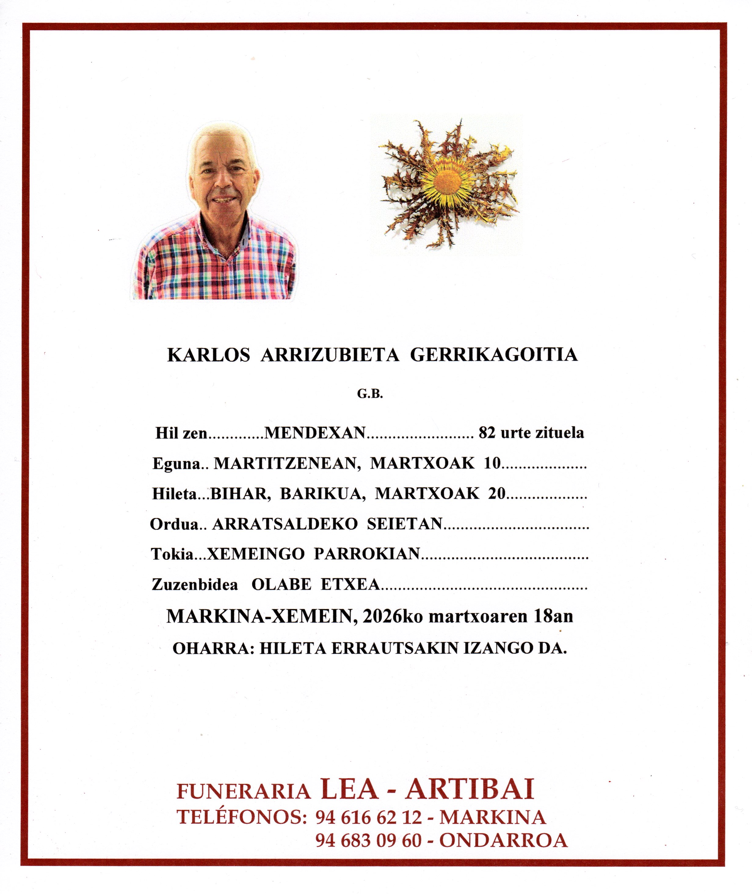 Esquela de Carlos Arrizubieta Gerrikagoitia