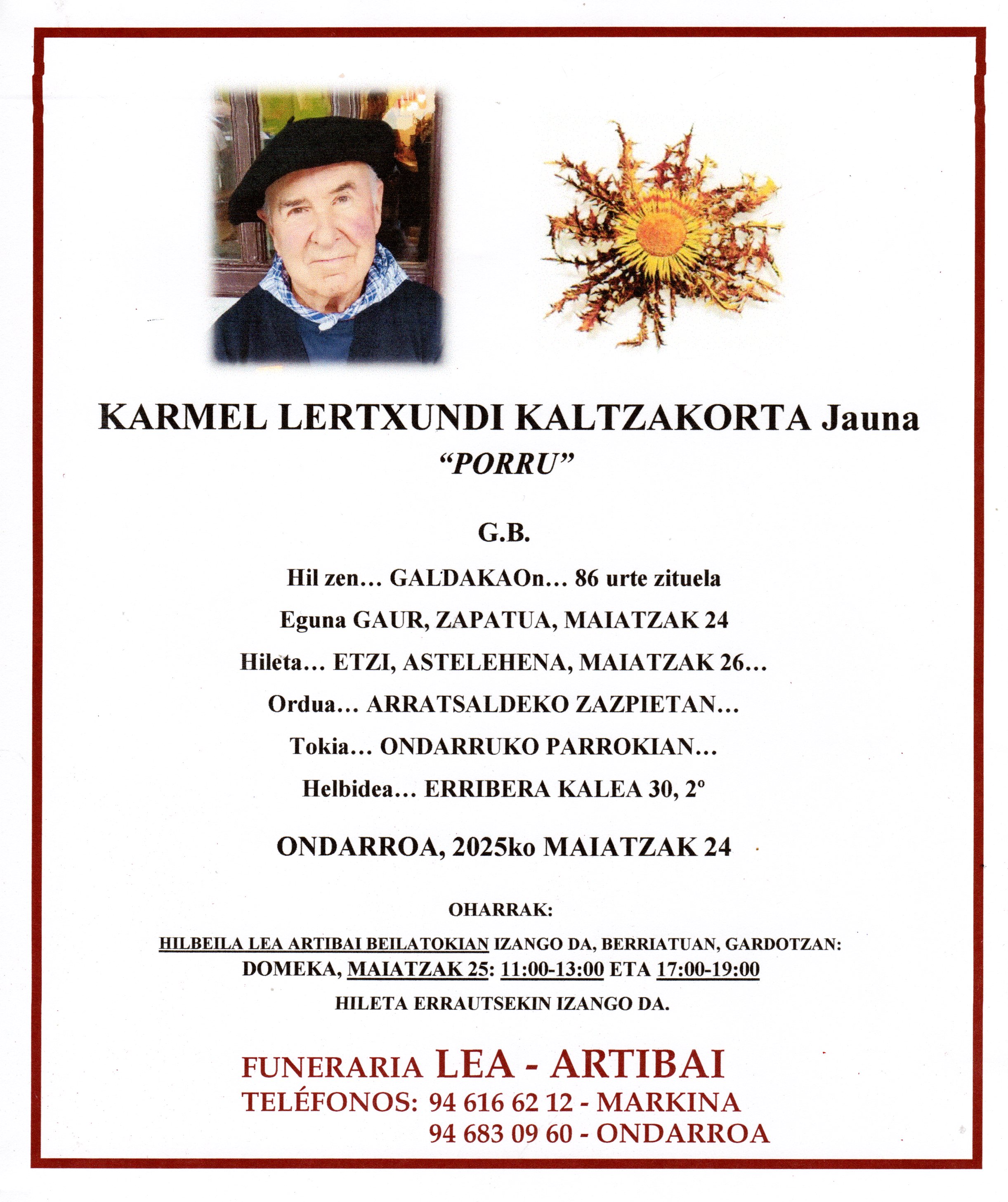 Esquela de Karmel Lertxundi Kaltzakorta