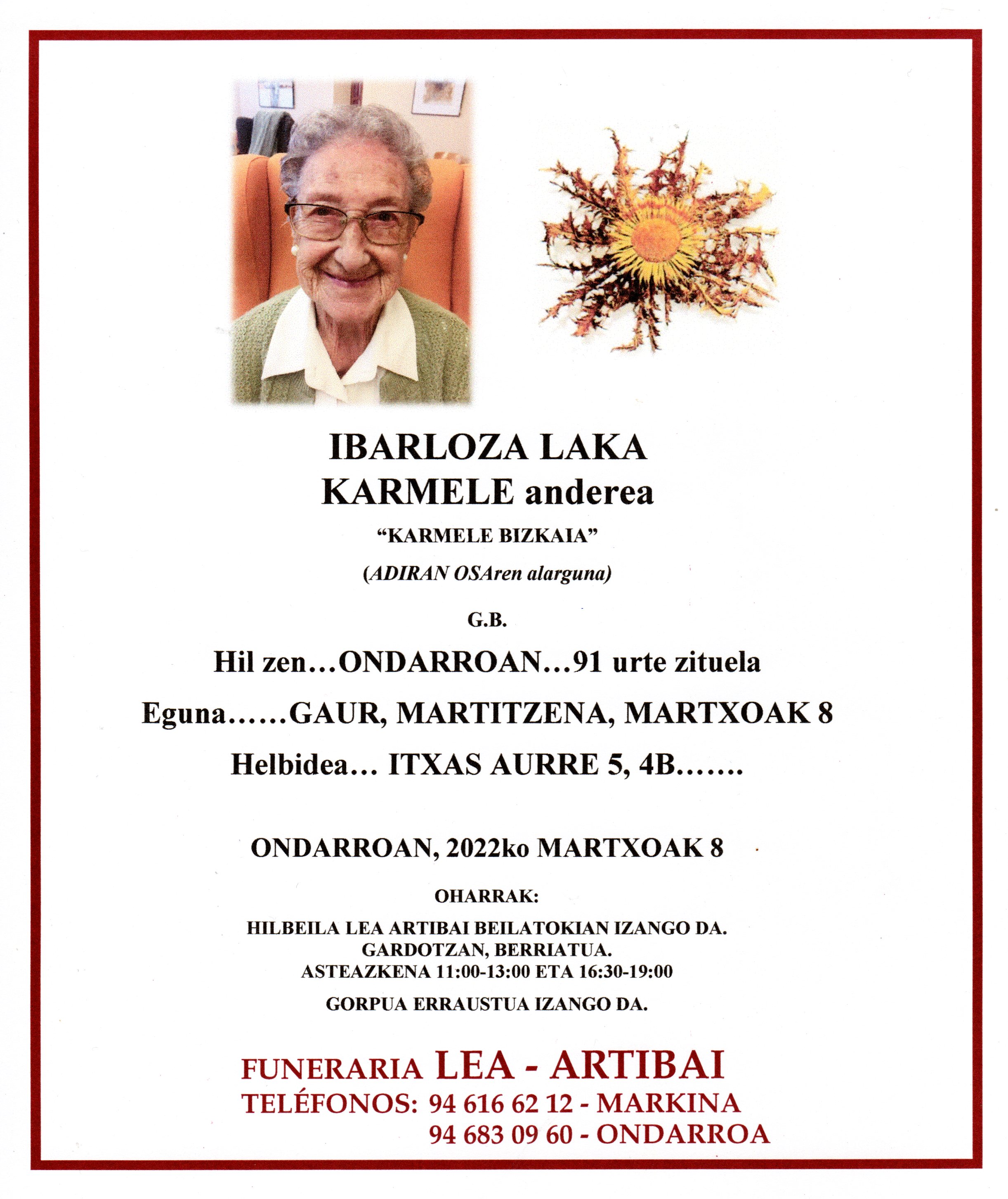 Esquela de Karmele Ibarloza Laka