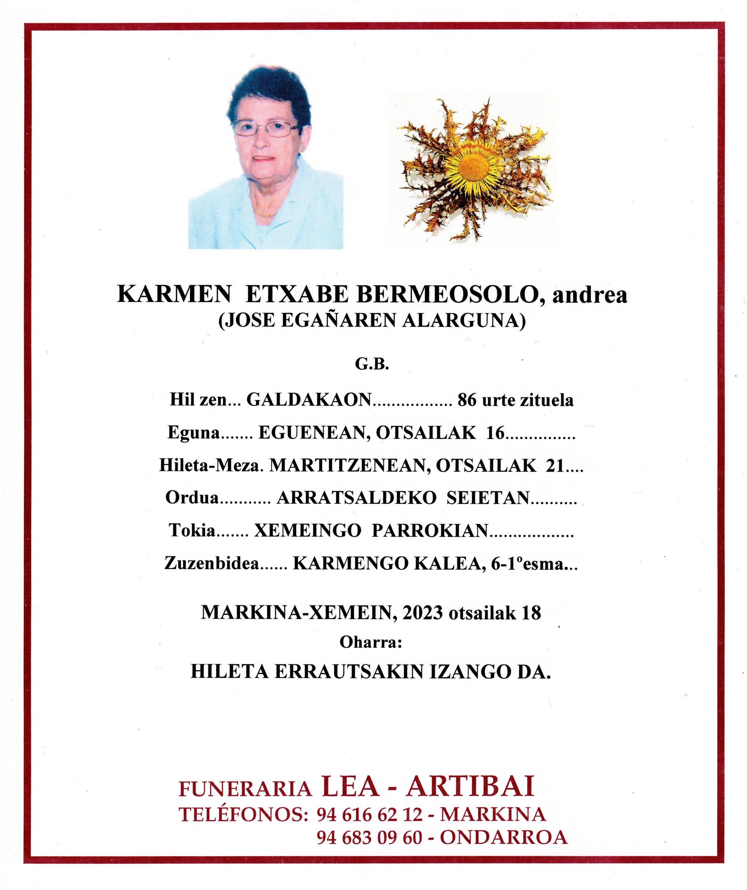 Esquela de Karmen Etxabe Bermeosolo