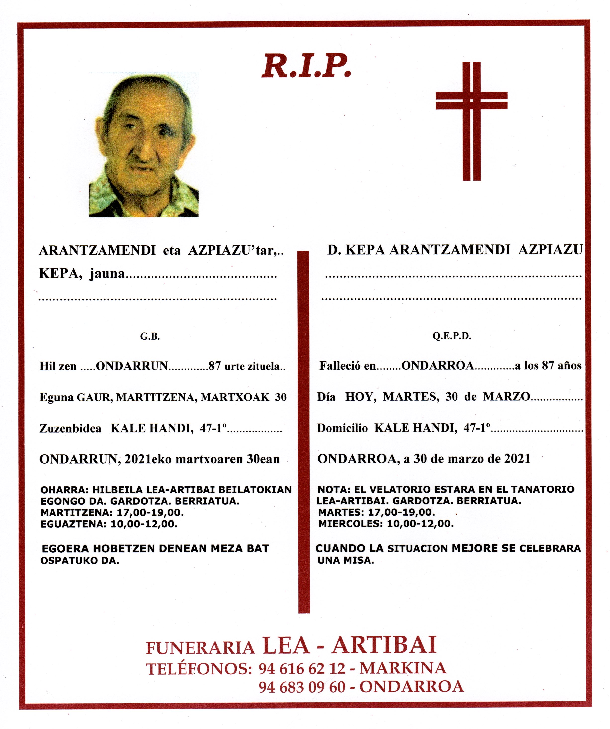 Esquela de Kepa Arantzamendi Azpiazu