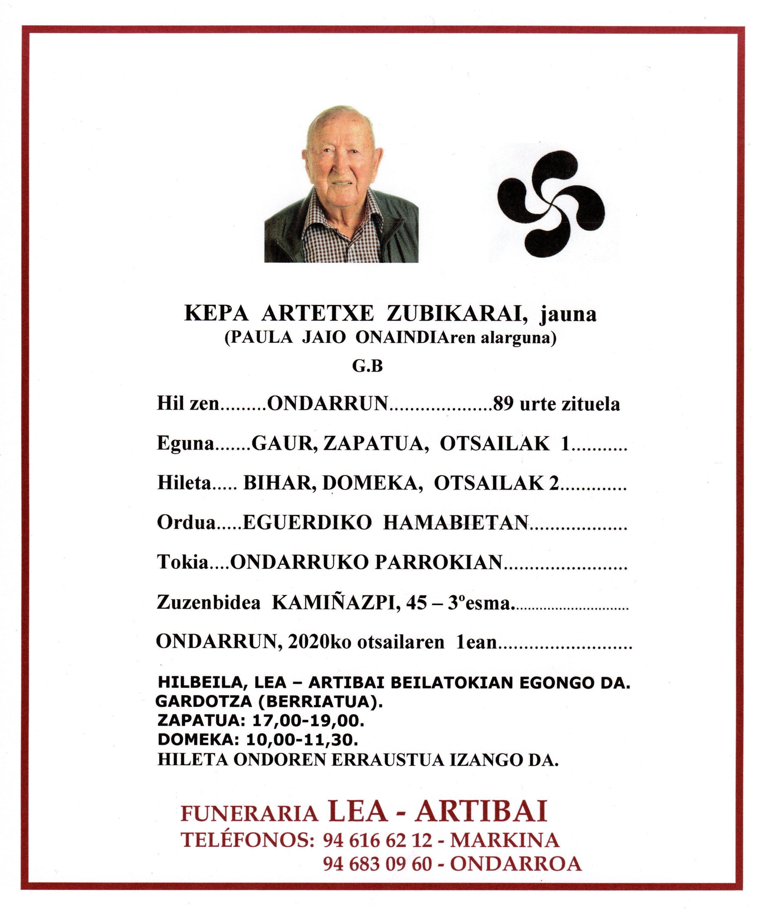 Esquela de Kepa Artetxe Zubikarai